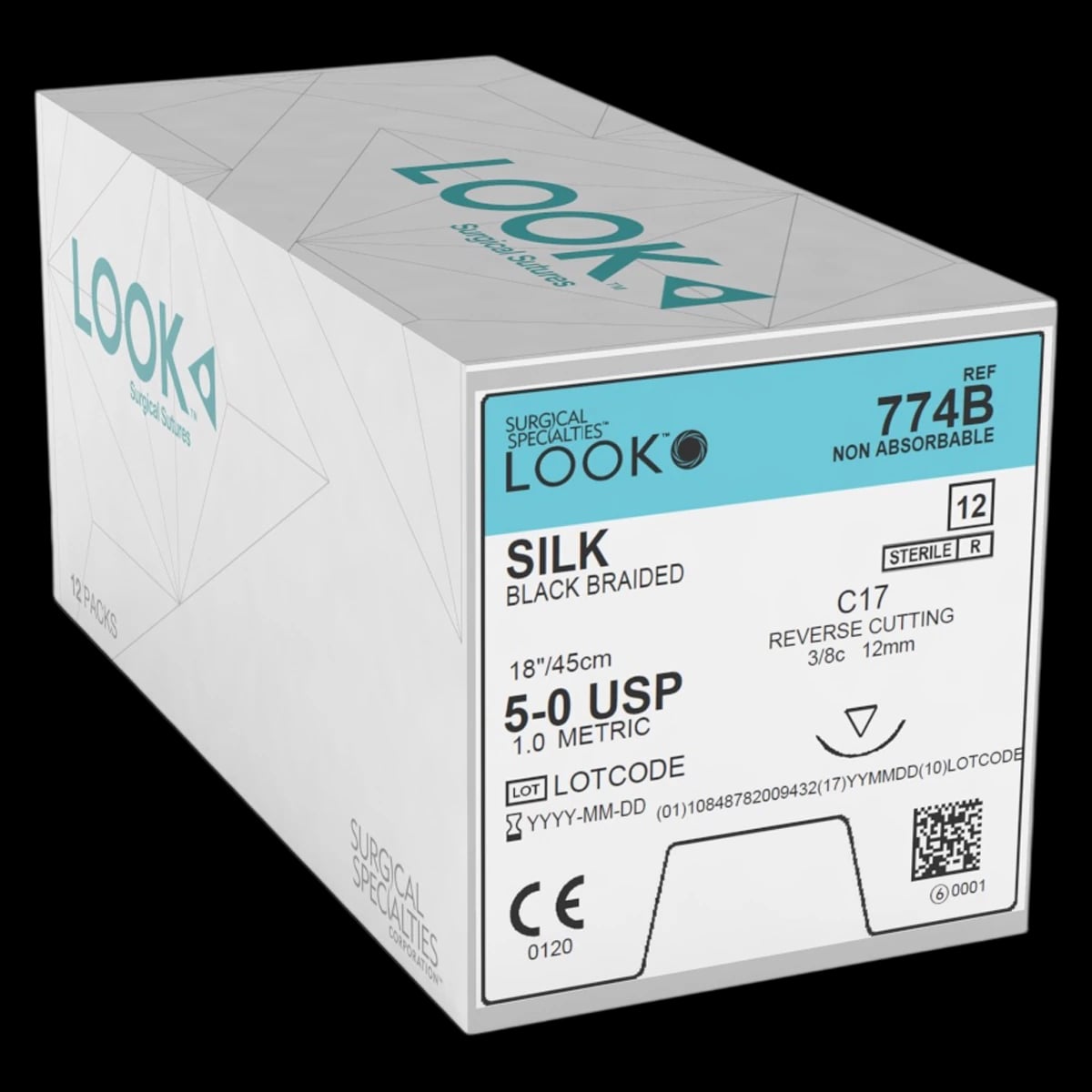 LOOK™ Sharpoint™ Silk Braided Suture, 5-0, Black, Non-Absorbable, 18" (45 cm), C-17 Reverse Cutting 3/8 Circle Needle, 12/Box, #774B