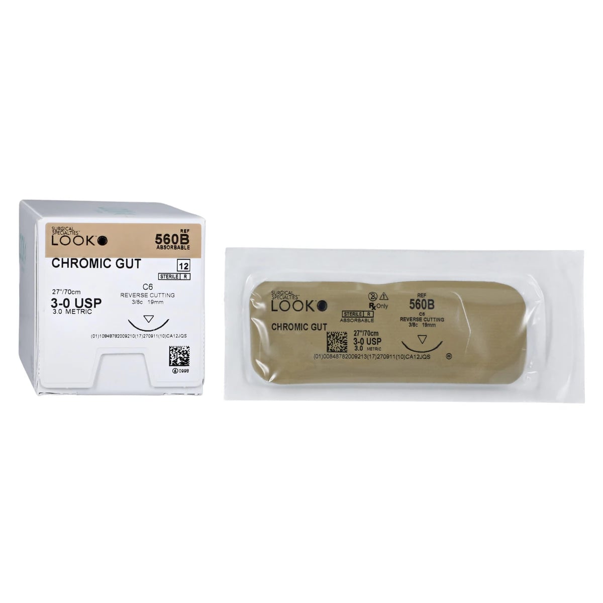 Look Chromic Gut Absorbable Suture, 3-0, 27" (70 cm), C-6 Reverse Cutting Needle, 3/8 Circle, 12/Pk, 560B