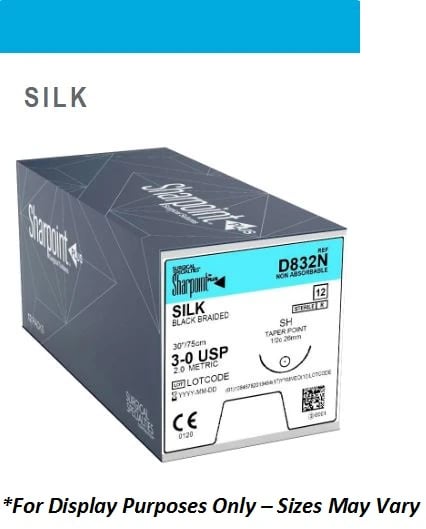 LOOK Sharpoint Silk Suture, 3-0, Black Braided, Non-Absorbable, 18" (45 cm), C-26 Reverse Cutting 1/2 Circle Needle, 12/Box, #778B