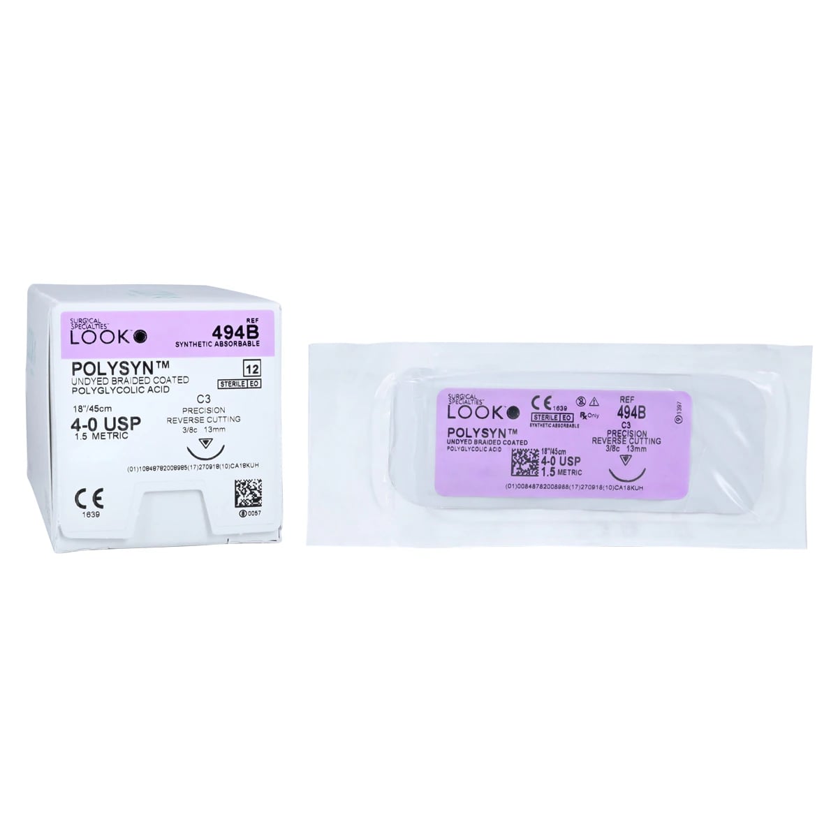 LOOK™ PolySyn™ Absorbable Braided Suture, 4-0, Polyglycolic Acid (PGA), Undyed, C-3 Precision Reverse Cutting Needle, 3/8 Circle, 13mm, 18", 12/Pkg, 494B