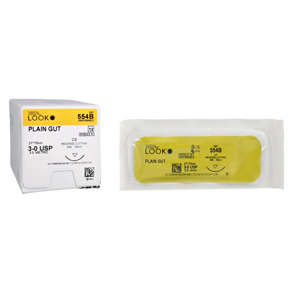 Look Plain Gut Absorbable Suture, 3-0, 27" (70 cm), C-6 Reverse Cutting Needle, 3/8 Circle, Beige, 12/Box, 554B