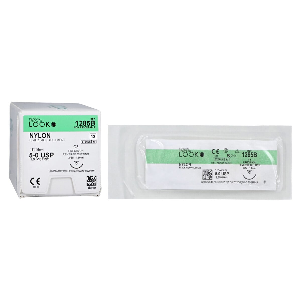 LOOK™ Sharpoint™ Nylon Monofilament Suture, 5-0, Black, 18 Inch, C-3 Precision Reverse Cutting 3/8 Circle Needle, 12/Pkg, 1285B