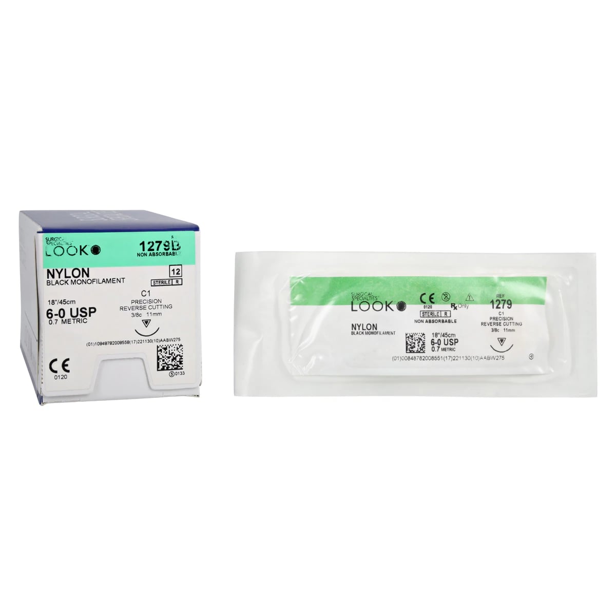 Look 6/0, 18" Nylon Black Monofilament Non-absorbable Suture with Precision Reverse Cutting C-1 Needle, 3/8 Circle, 12/Box, 1279B