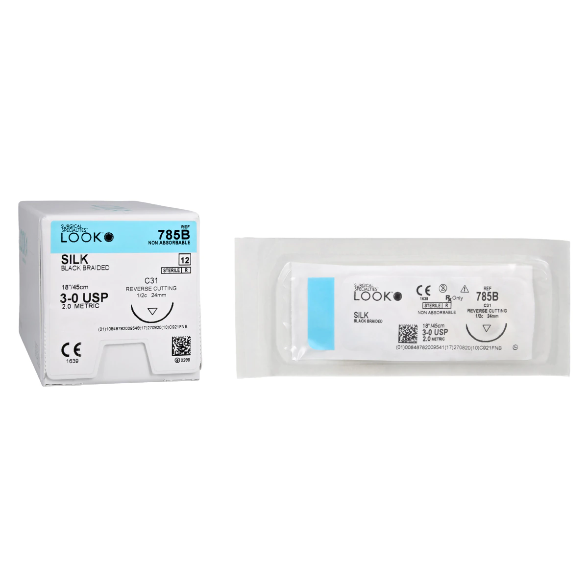 Look Sharpoint Silk Black Braided Non-Absorbable Suture, 3-0, 18"/45 cm, C-31 Reverse Cutting Needle, 12/Pk, 785B