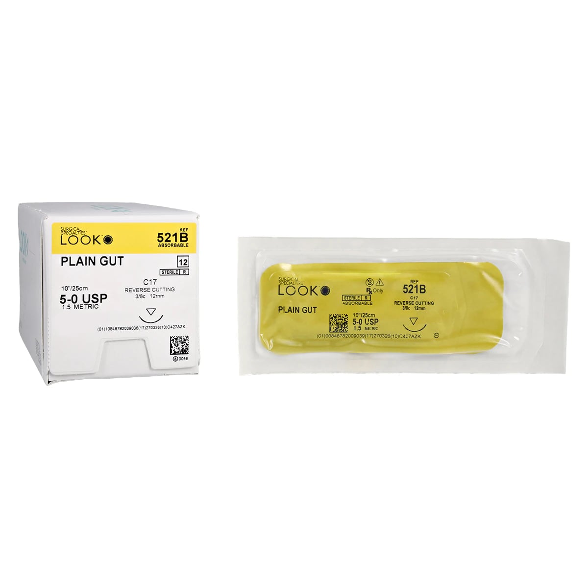 Look Suture 5/0 Plain Gut, 10" (25cm), C-17 Reverse Cutting 3/8 Circle 12mm Needle, Box of 12, 521B