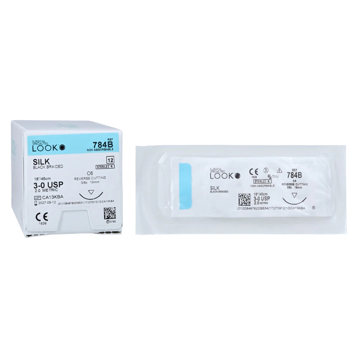 Look 784B Silk Black Braided Non-Absorbable Suture, 3-0, 18" (45 cm), C-6 Reverse Cutting 3/8 Circle Needle, 12/Box