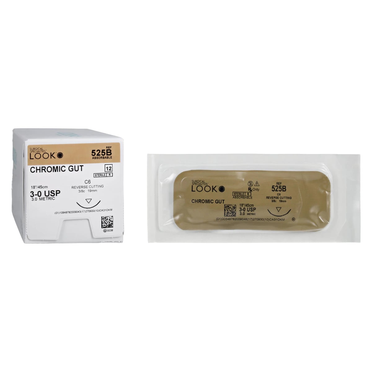 Look Chromic Gut Absorbable Suture, 3-0, 18", Reverse Cutting C-6 Needle, 3/8 Circle, 12/Box, 525B