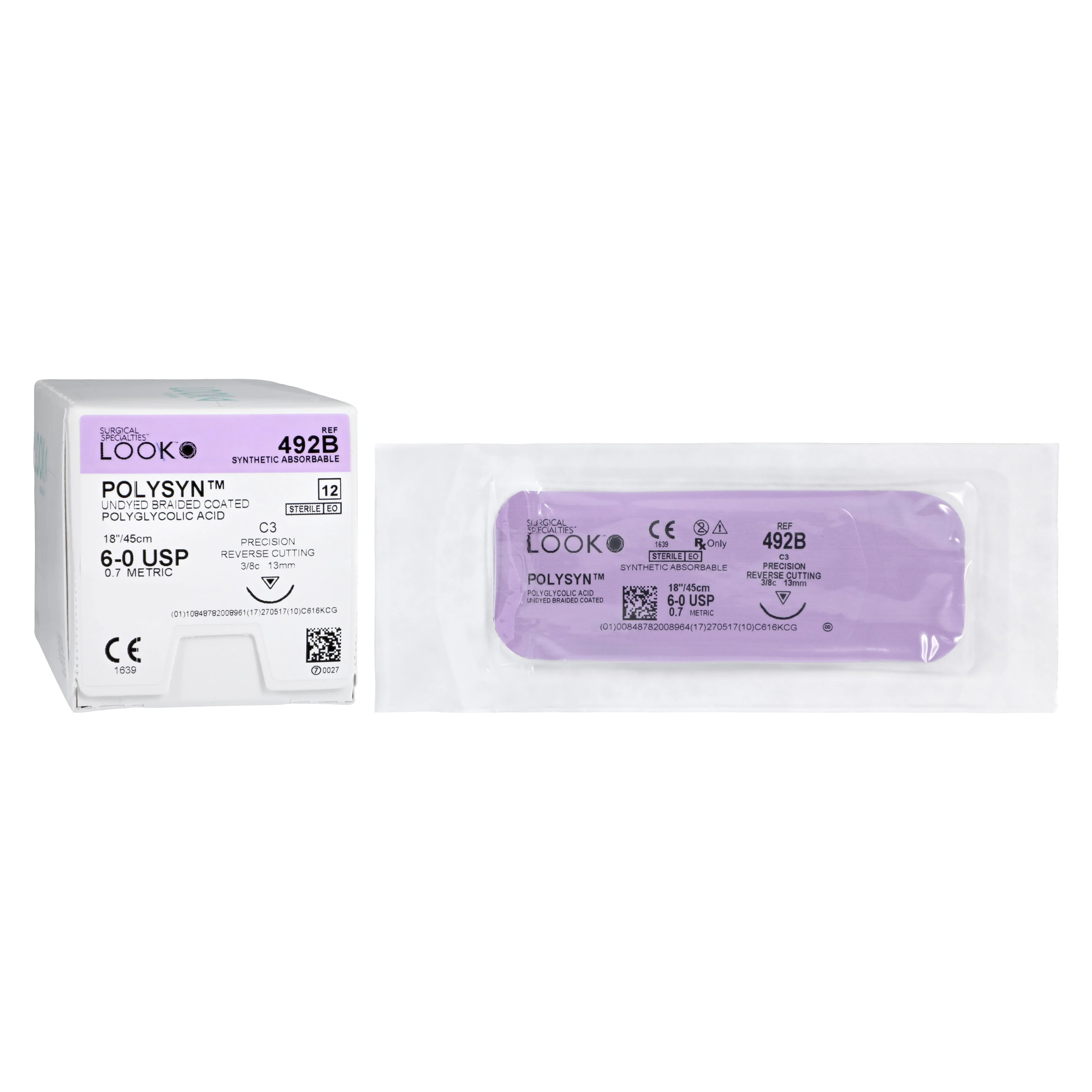 LOOK™ PolySyn™ Sutures 6-0 PGA (Polyglycolic Acid) Braided, Undyed, Coated, C-3 3/8 Circle Precision Reverse Cutting Needle, 18" (45cm), 12/Bx, #492B