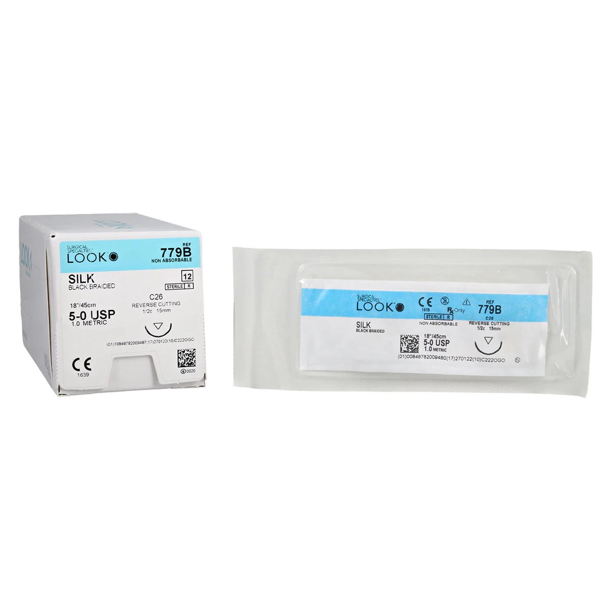 LOOK Sharpoint Silk Suture, 5-0, 18" (45 cm), Black Braided, Non-Absorbable, C-26 Reverse Cutting 1/2 Circle Needle, 12/Box, 779B