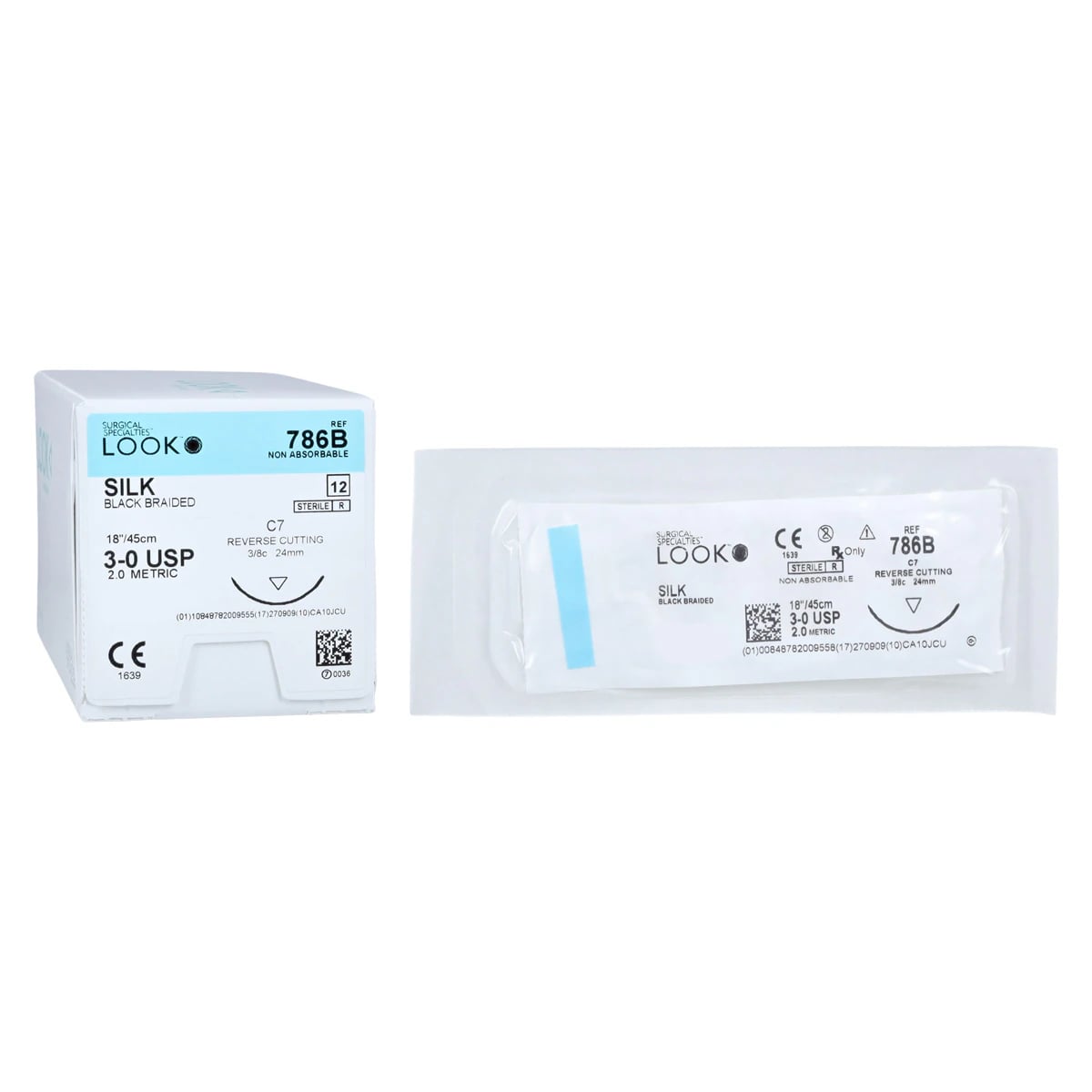 Look 786B Silk Suture with C7 Reverse Cutting Needle, Black Braided, 3-0, 18" (45 cm), 12/Pk