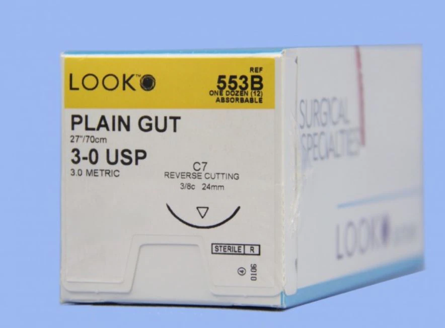 LOOK™ Sharpoint™ Plain Gut Suture, 3-0, 27" (70 cm), C-7 Reverse Cutting 3/8 Circle Needle, Beige, 12/Box, 553B