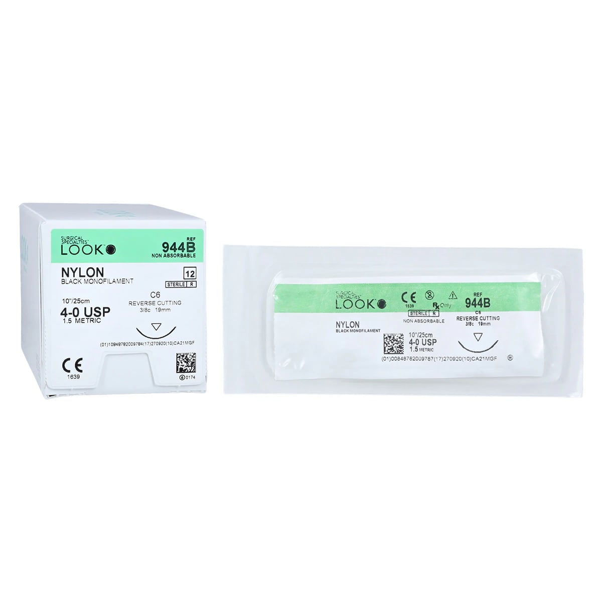 Look 944B Nylon Suture, 4-0, Black Monofilament, 10" (25 cm), C-6 Reverse Cutting Needle (18 mm, 3/8 Circle), 12/Box