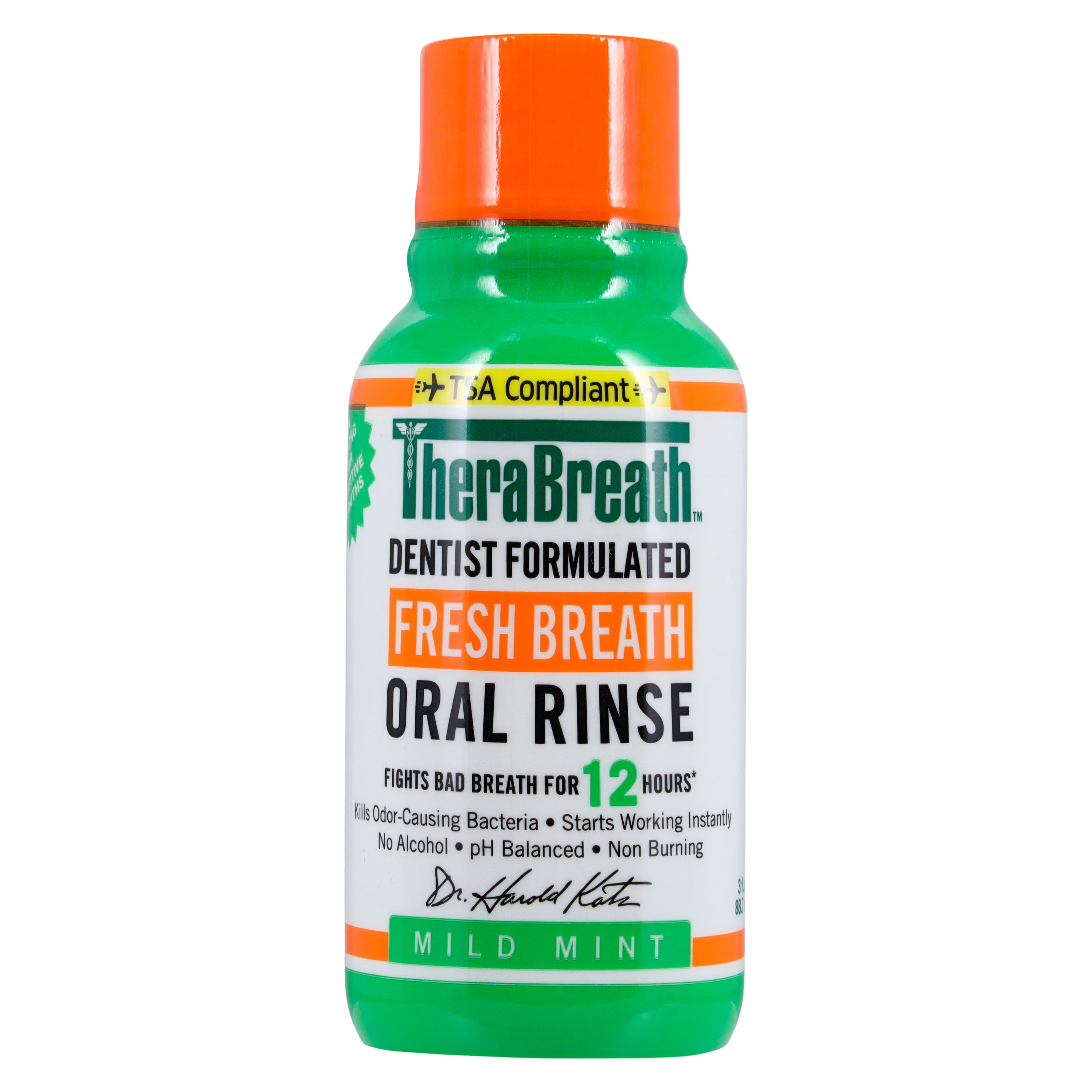 TheraBreath Oral Rinse, Fresh Breath Mild Mint, Alcohol Free, 3 oz, 72/Case