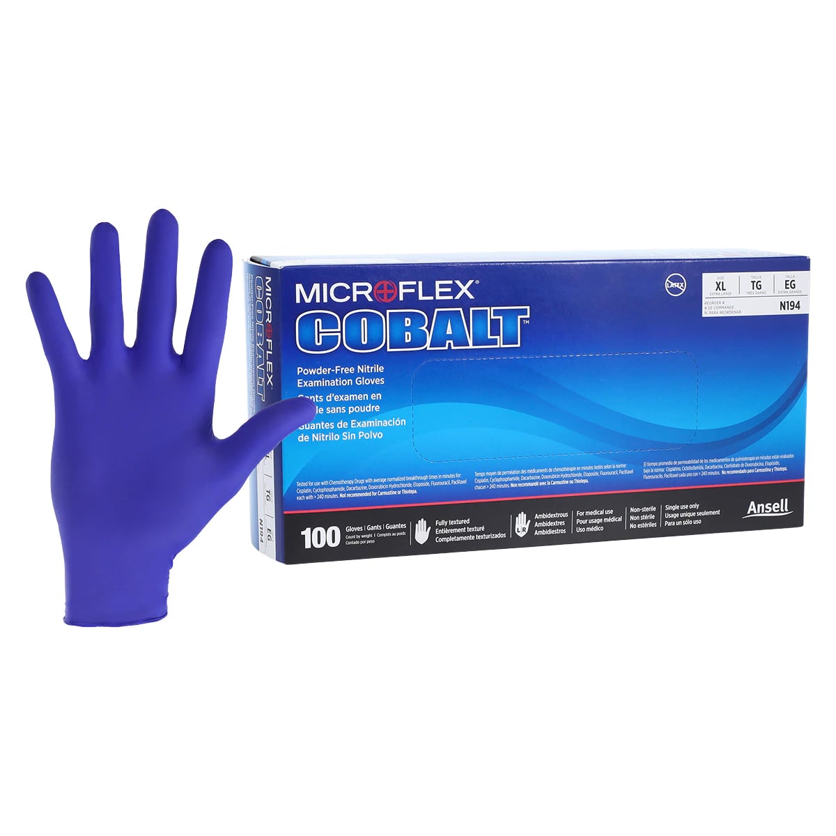 Microflex Cobalt Nitrile Exam Gloves, Powder-Free, Textured, Non-Sterile, Extra Large, Blue, 100/Box, N194