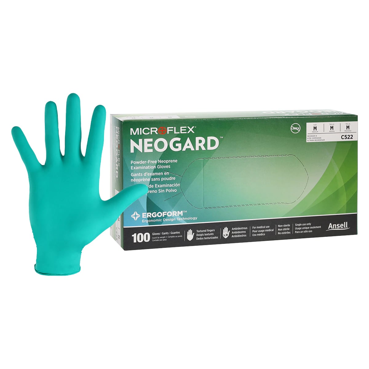 Microflex Neogard Chloroprene Exam Gloves, Powder-Free, Non-Sterile, Medium, Green, 100/Box, C522