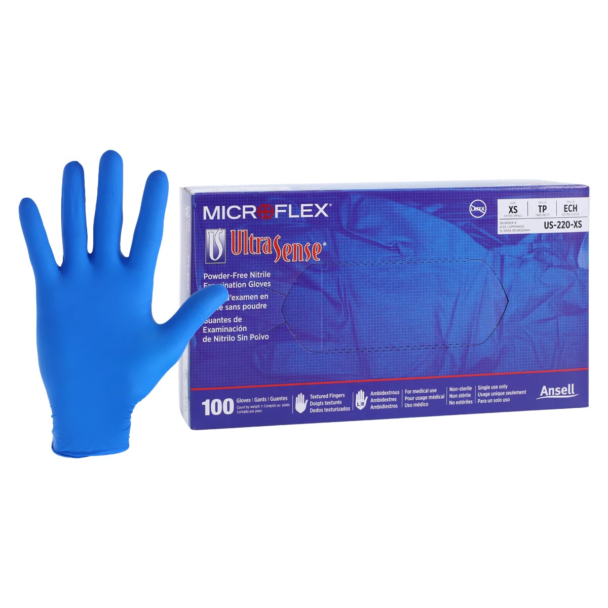UltraSense® Nitrile Exam Gloves, Powder Free, Latex Free, Non-Sterile, Extra Small, Blue, 100/Box, US-220-XS