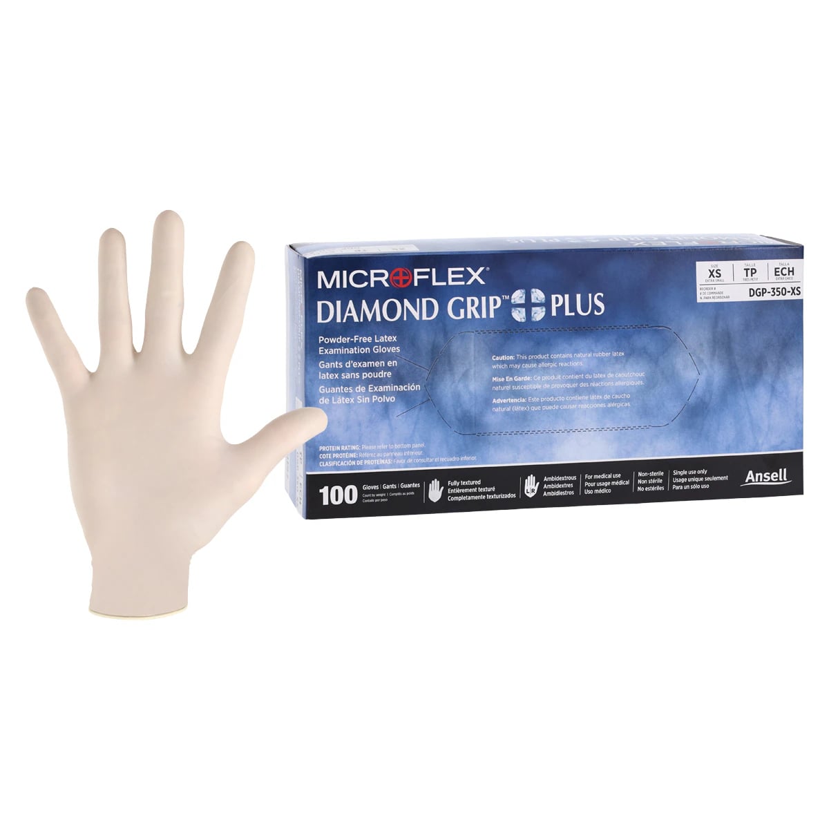 Diamond Grip Plus DGP-350 Latex Exam Gloves, Powder-Free, Textured, Non-Sterile, Extra Small, 100/Box, DGP-350-XS