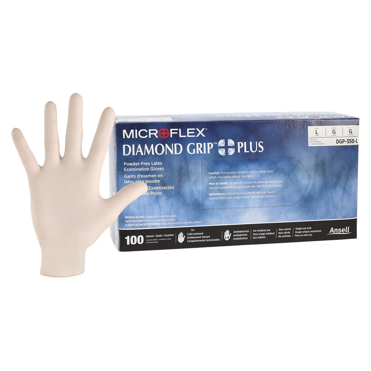 Diamond Grip Plus DGP-350 Latex Exam Gloves, Powder-Free, Textured, Non-Sterile, Large, 100/Box, DGP-350-L