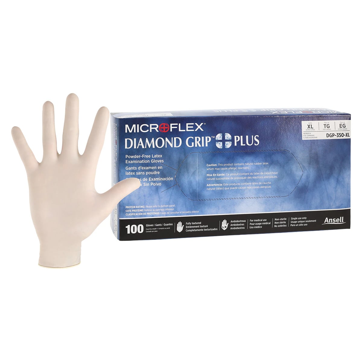 Microflex Diamond Grip Plus DGP-350 Latex Exam Gloves, Powder-Free, Textured, Non-Sterile, Extra Large, 100/Box, DGP-350-XL