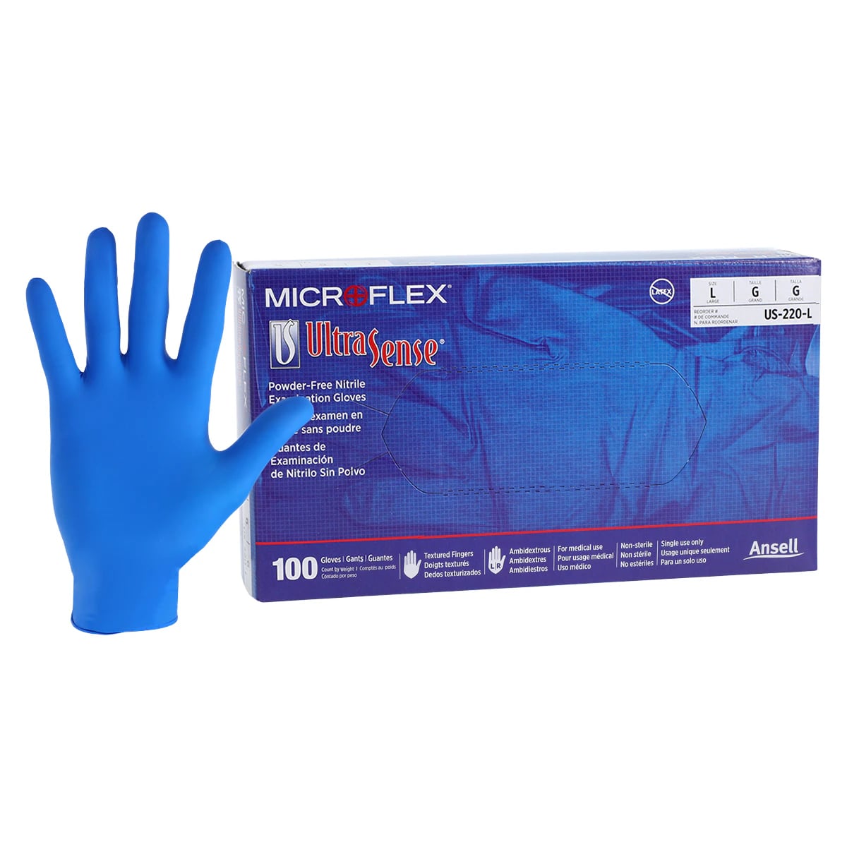MICROFLEX UltraSense US-220 Nitrile Exam Gloves, Powder-Free, Non-Sterile, Textured Fingertips, Large, Blue, 100/Box