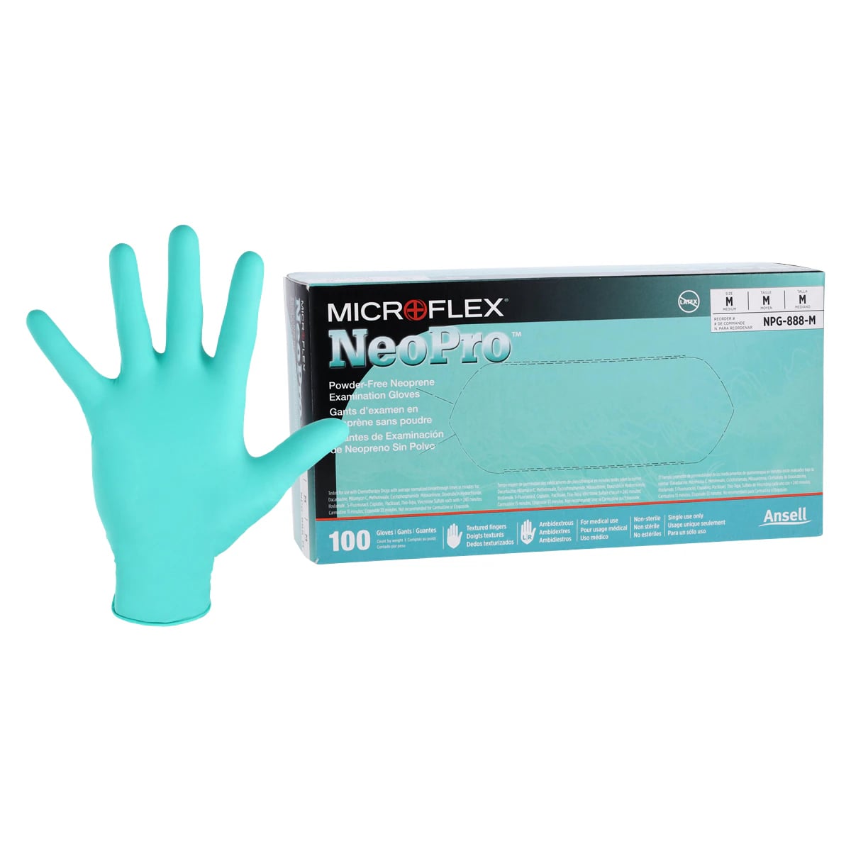 Microflex NeoPro Chloroprene Exam Gloves, Powder-Free, Latex-Free, Green, Medium, 100/Box, NPG-888-M
