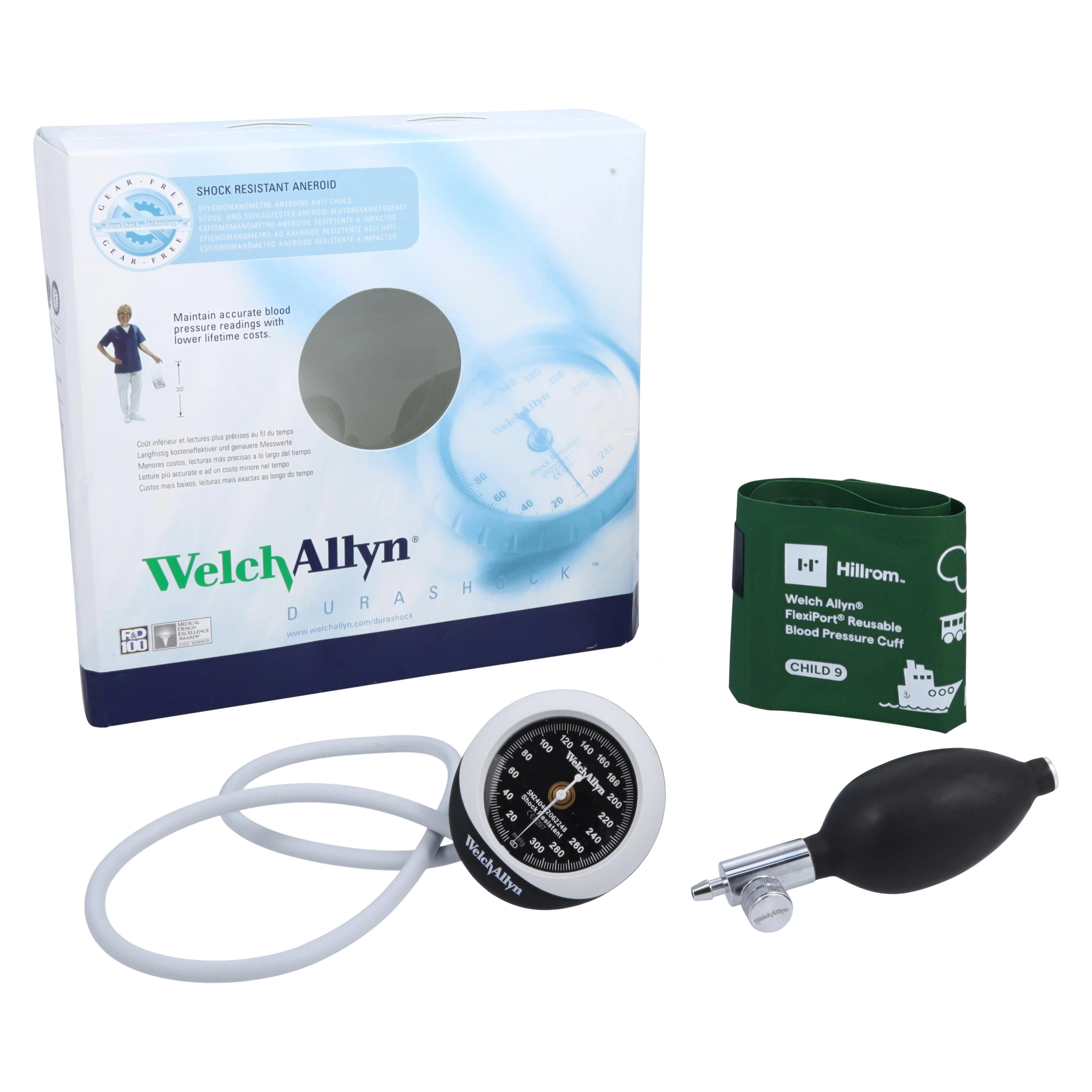 Welch Allyn DuraShock Silver Series Aneroid Sphygmomanometer, Size 9-12, Black/Gray, Latex-Free, Arm Dial Display