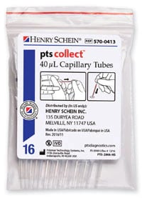 PTS Collect Blood Collection Capillary Tube, 40 µL, Non-Sterile, Clear, 16/Bag