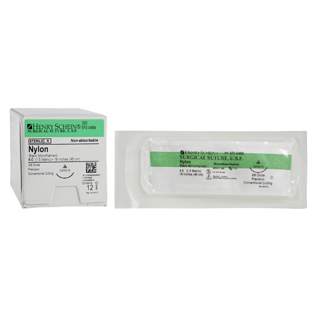 Suture Nylon Monofilament 4-0, 18" Non-Absorbable, Black, Precision Conventional Cutting 3/8 Circle Needle 16mm, DSCM16, 12/Box
