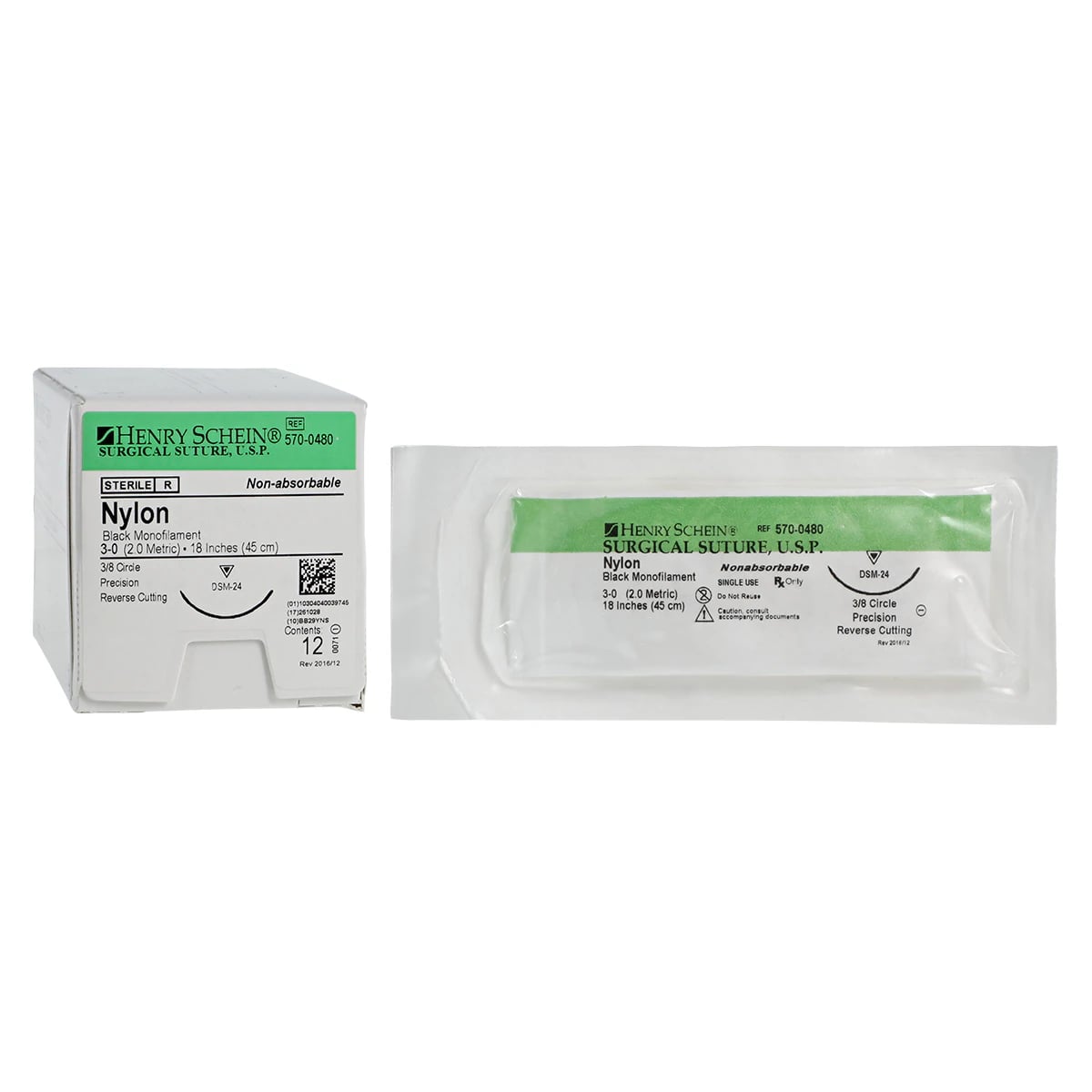 Henry Schein Suture Nylon Monofilament 3-0, 18" Non-Absorbable, PC-33 Precision Reverse Cutting 3/8 Circle Needle 24mm, Black, 12/Box