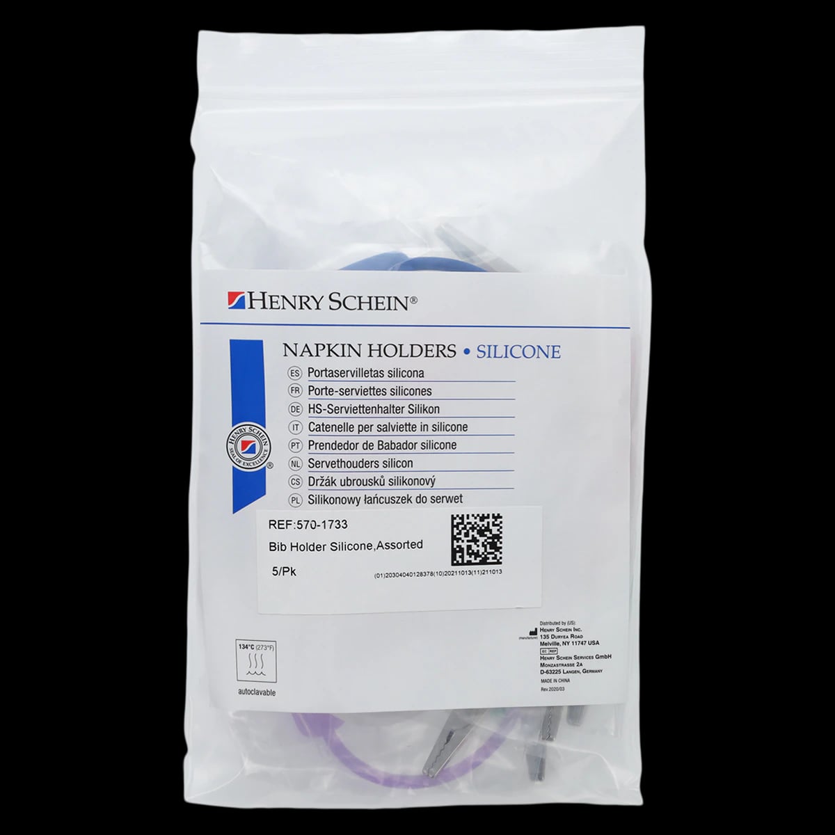 Henry Schein Silicone Bib Holder, Assorted Colors, 18 in, 5/Pack