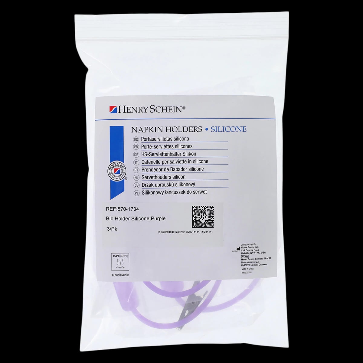 Henry Schein Bib Holder, Silicone, Purple, Alligator Clips, 18 in, 3/Pack