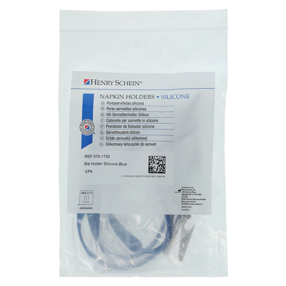 Henry Schein Bib Holder Silicone Alligator Clips, Blue, 18 in, 3/Pk