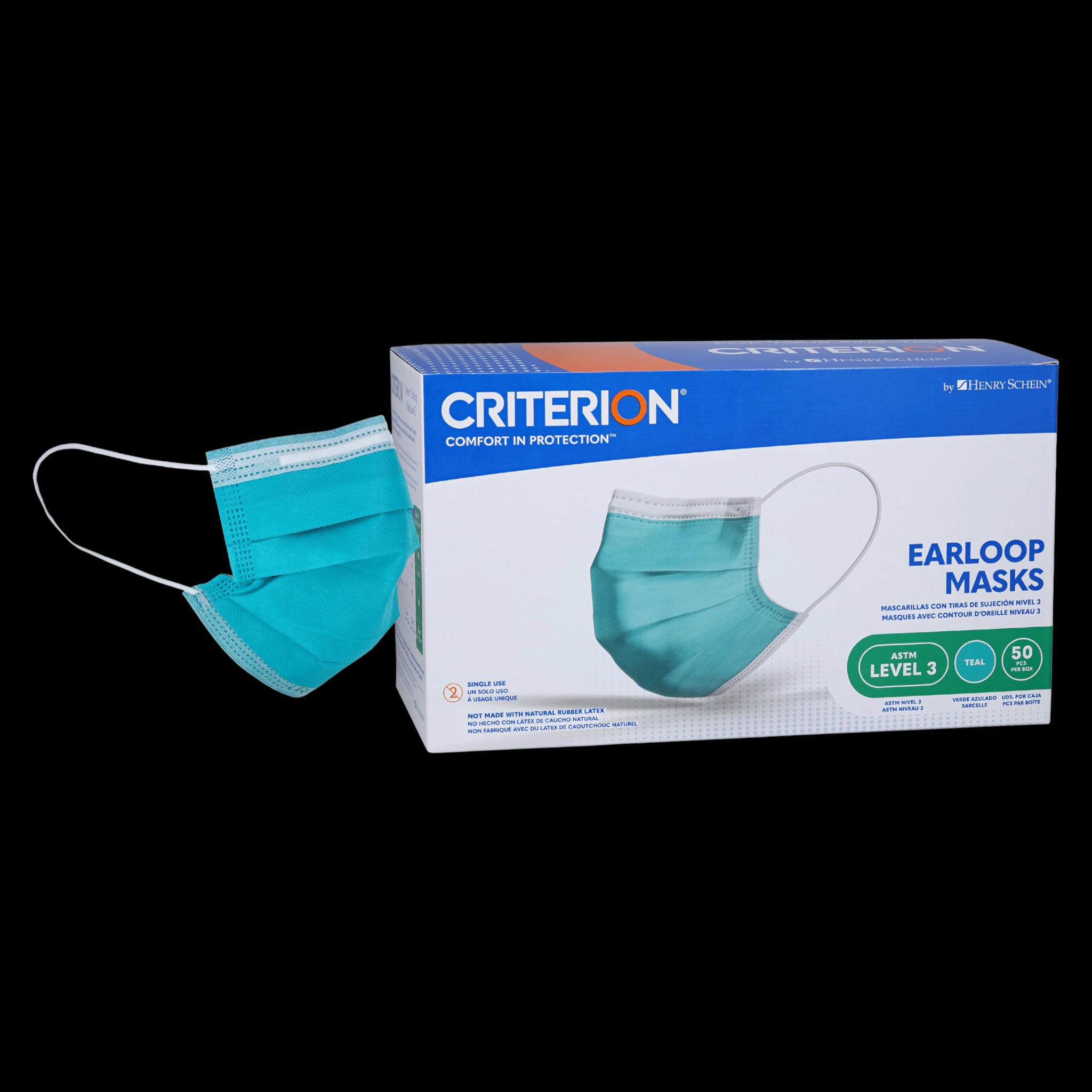 Criterion Earloop Masks ASTM Level 3, Teal, Adult, Latex-Free, 50/Box
