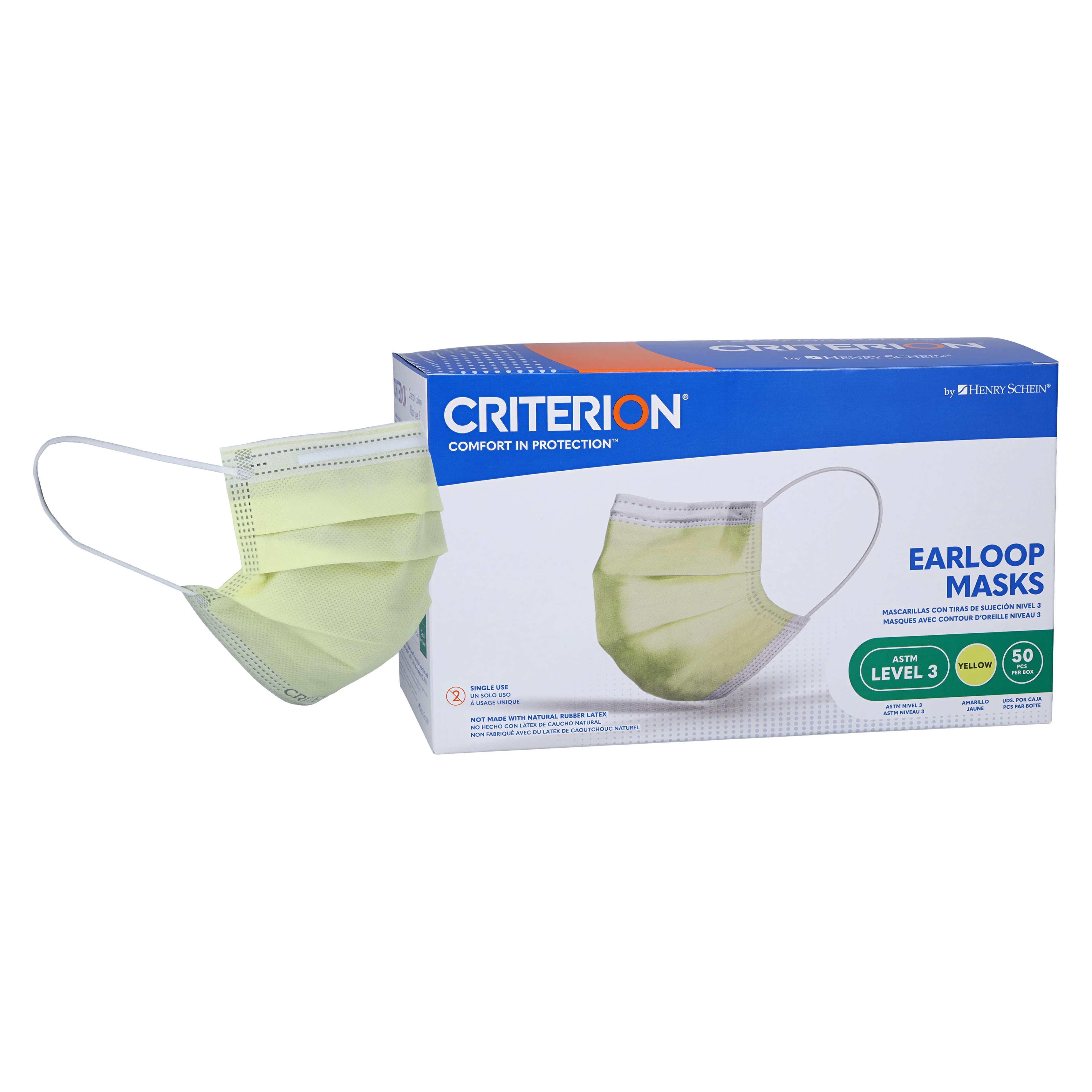 Criterion Earloop Masks ASTM Level 3, Yellow, Adult, Latex-Free, 50/Box