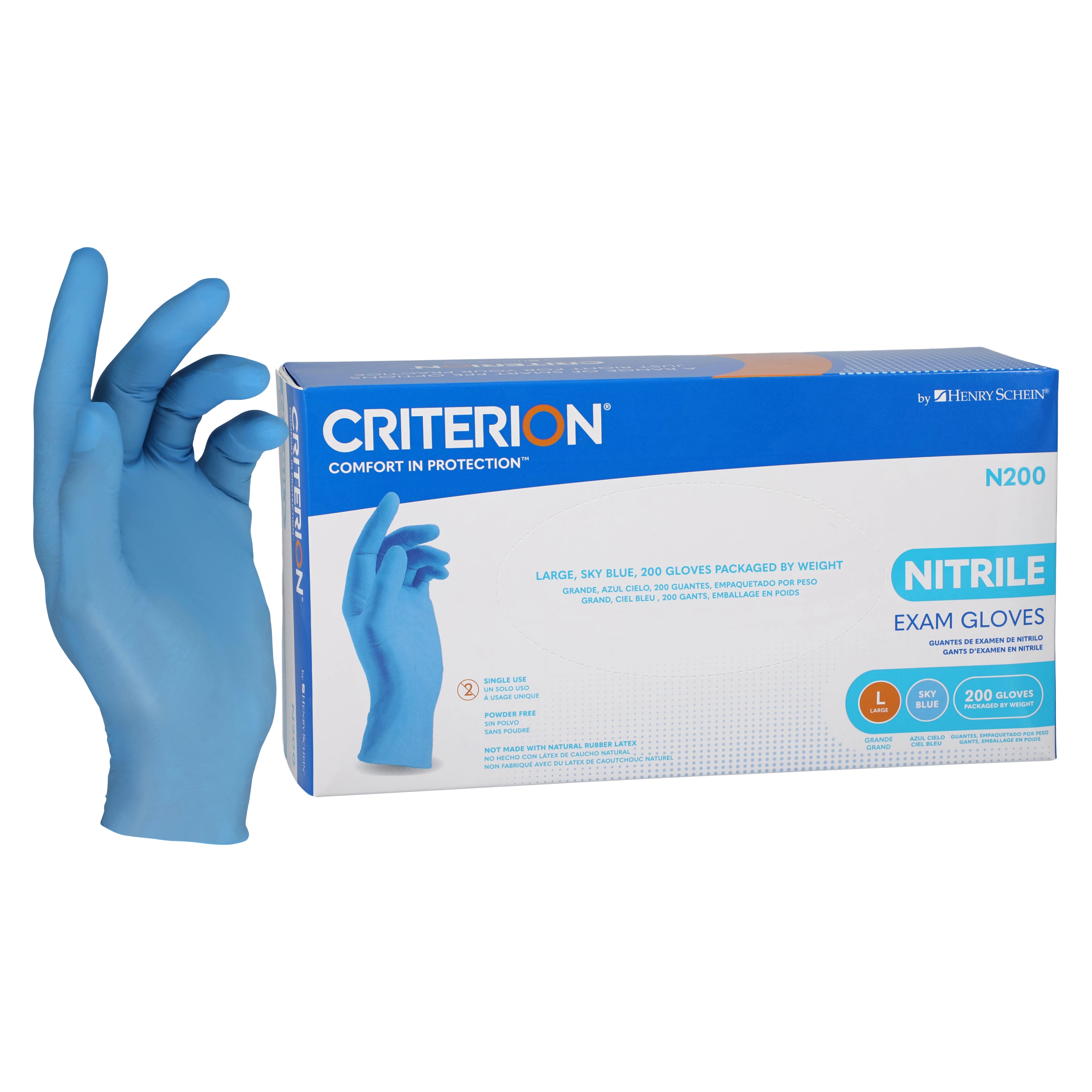 Criterion N200 Nitrile Exam Gloves, Powder Free, Non-Sterile, Large, Sky Blue, 200/Box