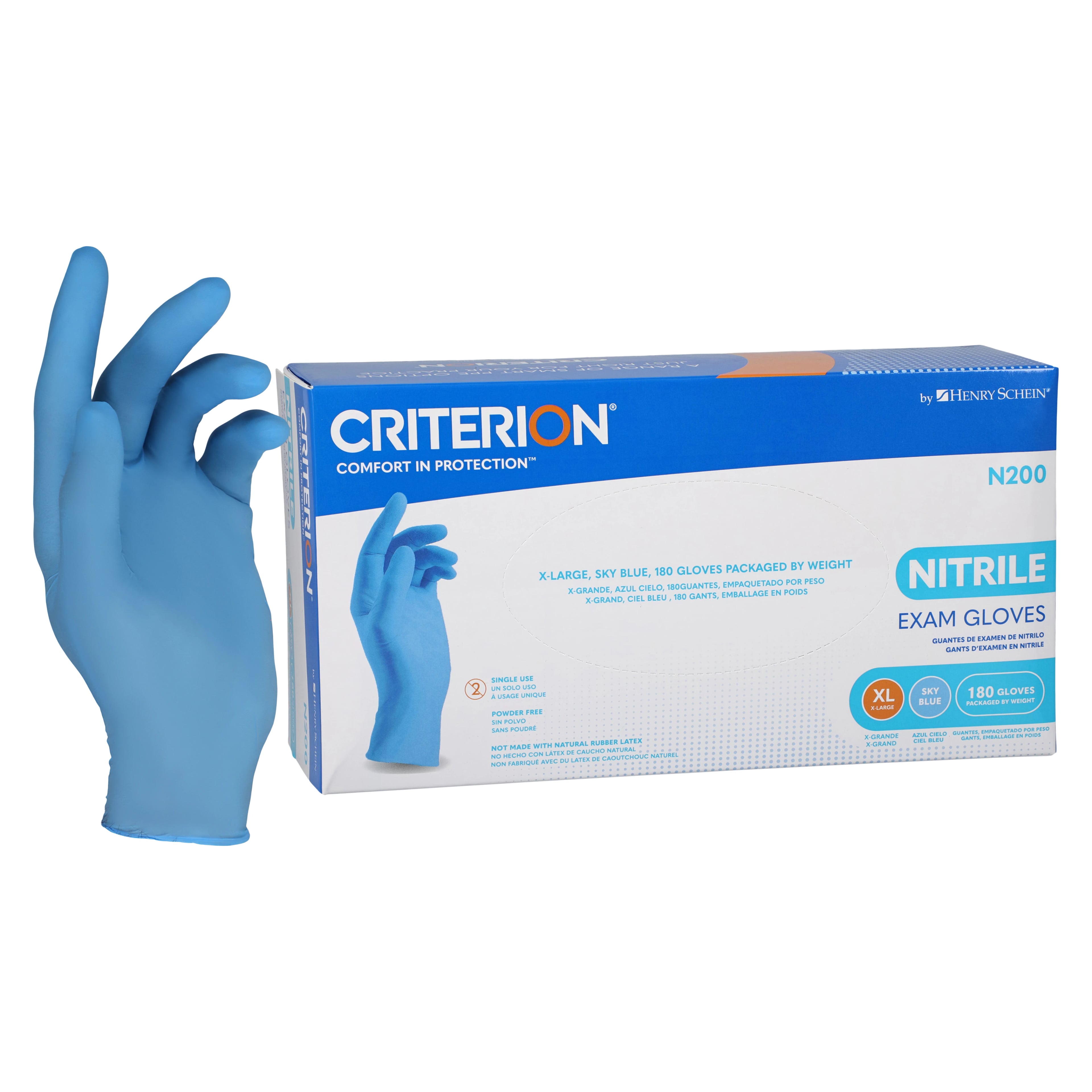 Criterion N200 Nitrile Exam Gloves, Powder Free, Non-Sterile, X-Large, Sky Blue, 200/Bx