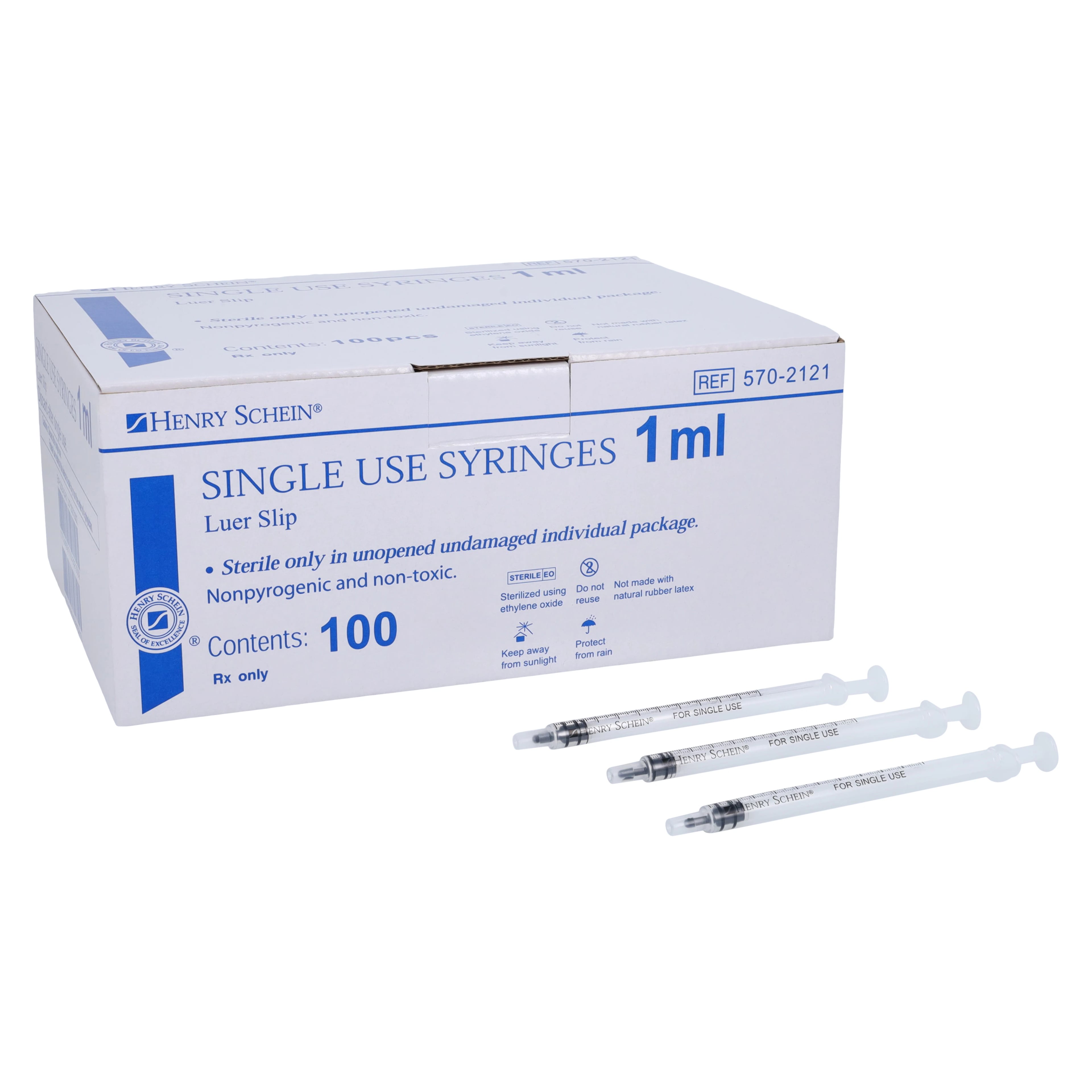 Henry Schein General Use Syringe, 1cc, Luer Slip, Low Dead Space, Sterile, Latex-Free, 100/Box