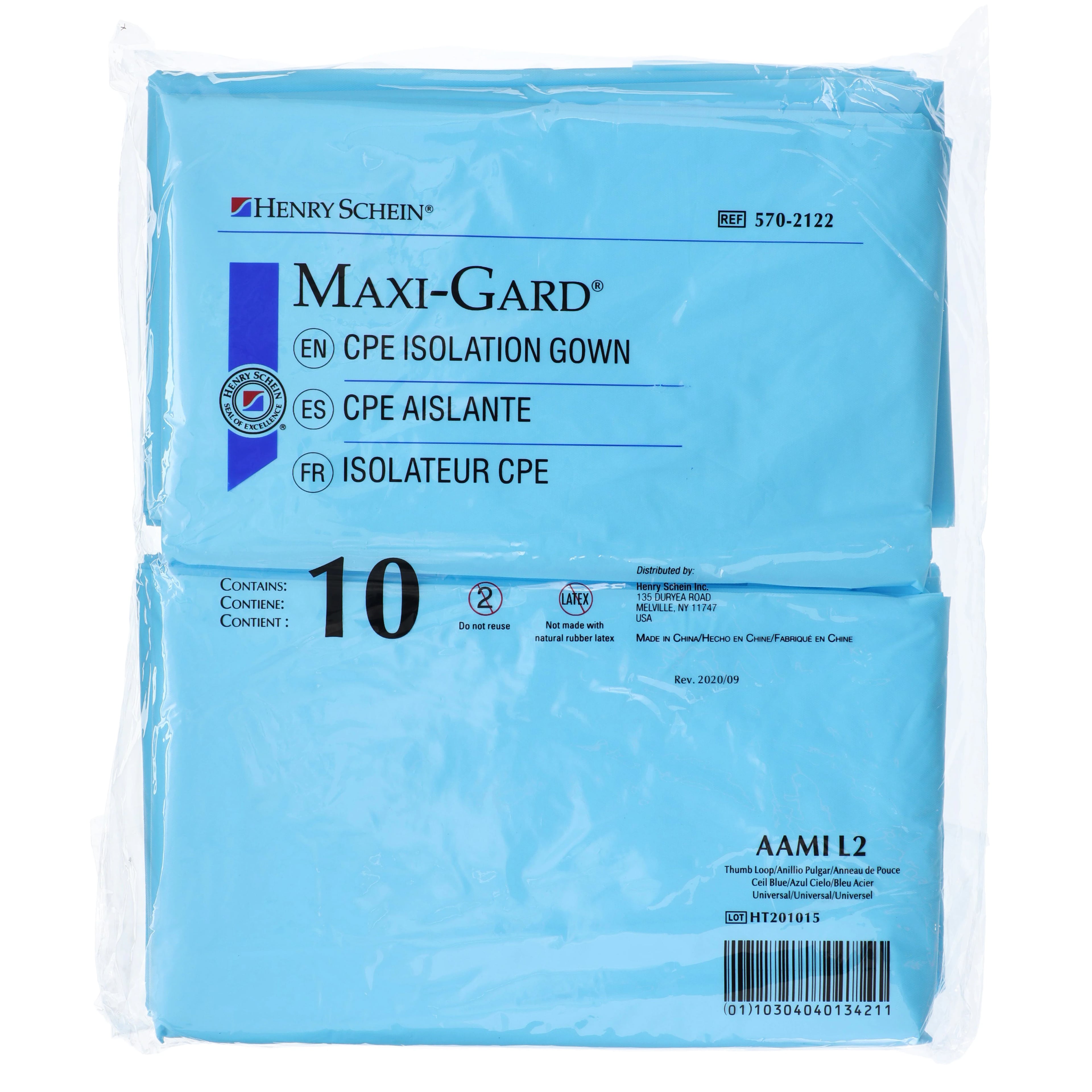 Maxi-Gard CPE ISO Gown AAMI Level 2, Disposable, Unisize, Blue, Open Back, 10/Bag