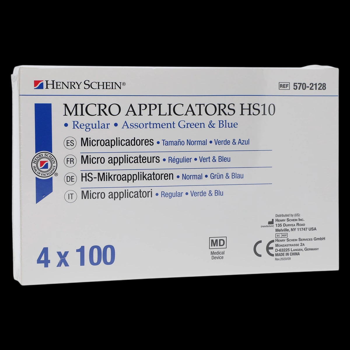 Henry Schein Micro Applicators H10 Assorted, Bendable, Regular, 4 in, Green/Blue, 400/Box