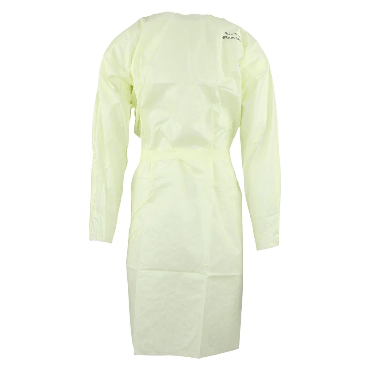Isolation Gowns AAMI Level 3 SMS, Adult Large, Yellow, Knee Length, Non-Sterile, Round Neck, Tie Closure, Elastic Cuff, Long Sleeves, 10/Bag