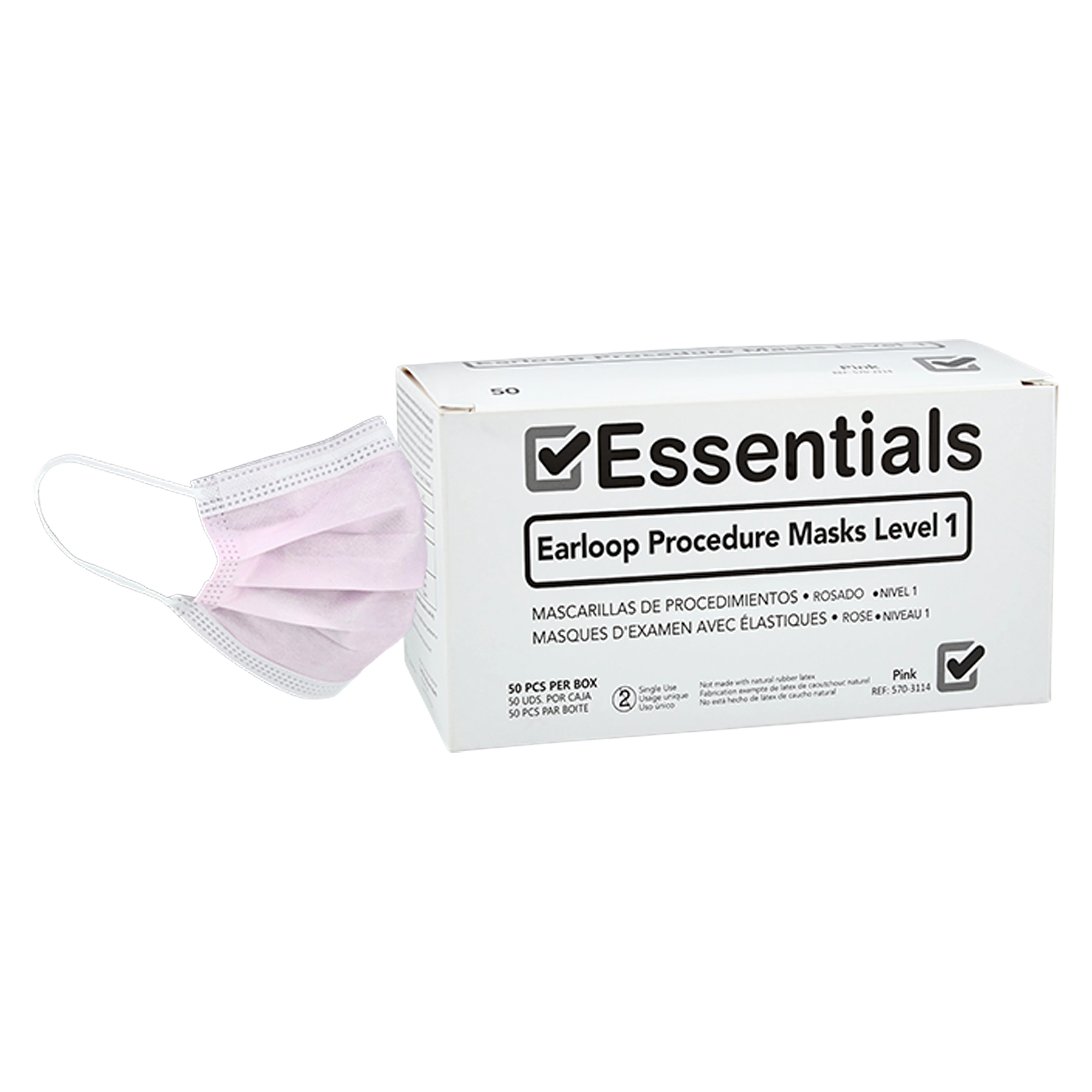 Essentials EL Level 1 Mask, ASTM Level 1, Pink, Adult, Disposable, Latex-Free, 50/Box