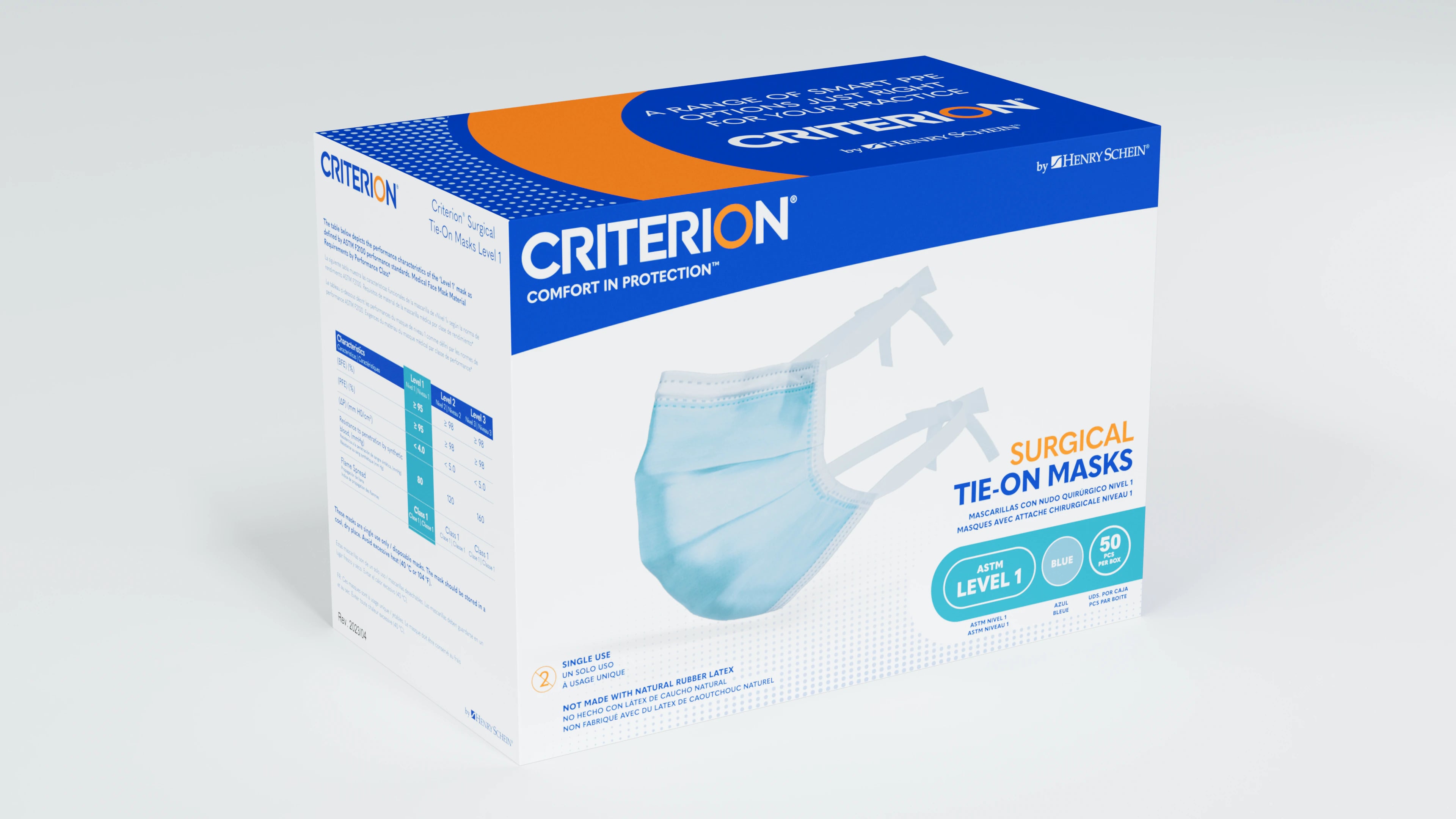 Criterion Tie On Surgical Mask, Level 1, Blue, Disposable, Latex-Free, 50/Box