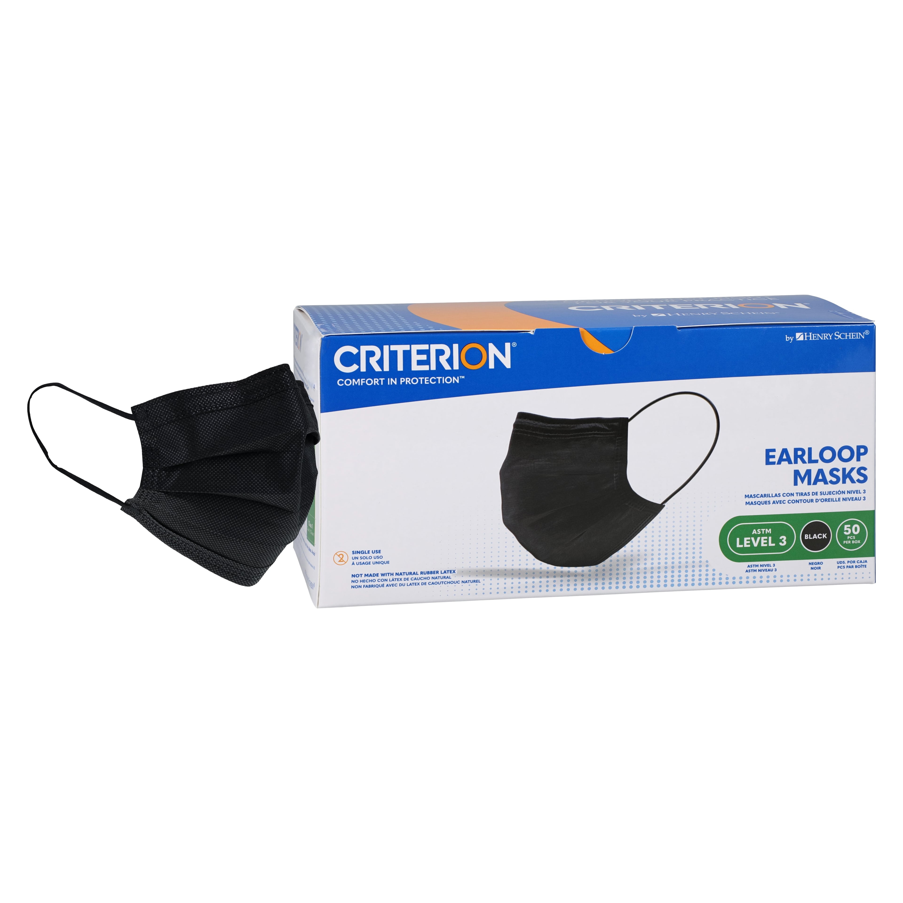 Criterion Earloop Mask Level 3, Black, Adult, ASTM Level 3, Latex-Free, 50/Box