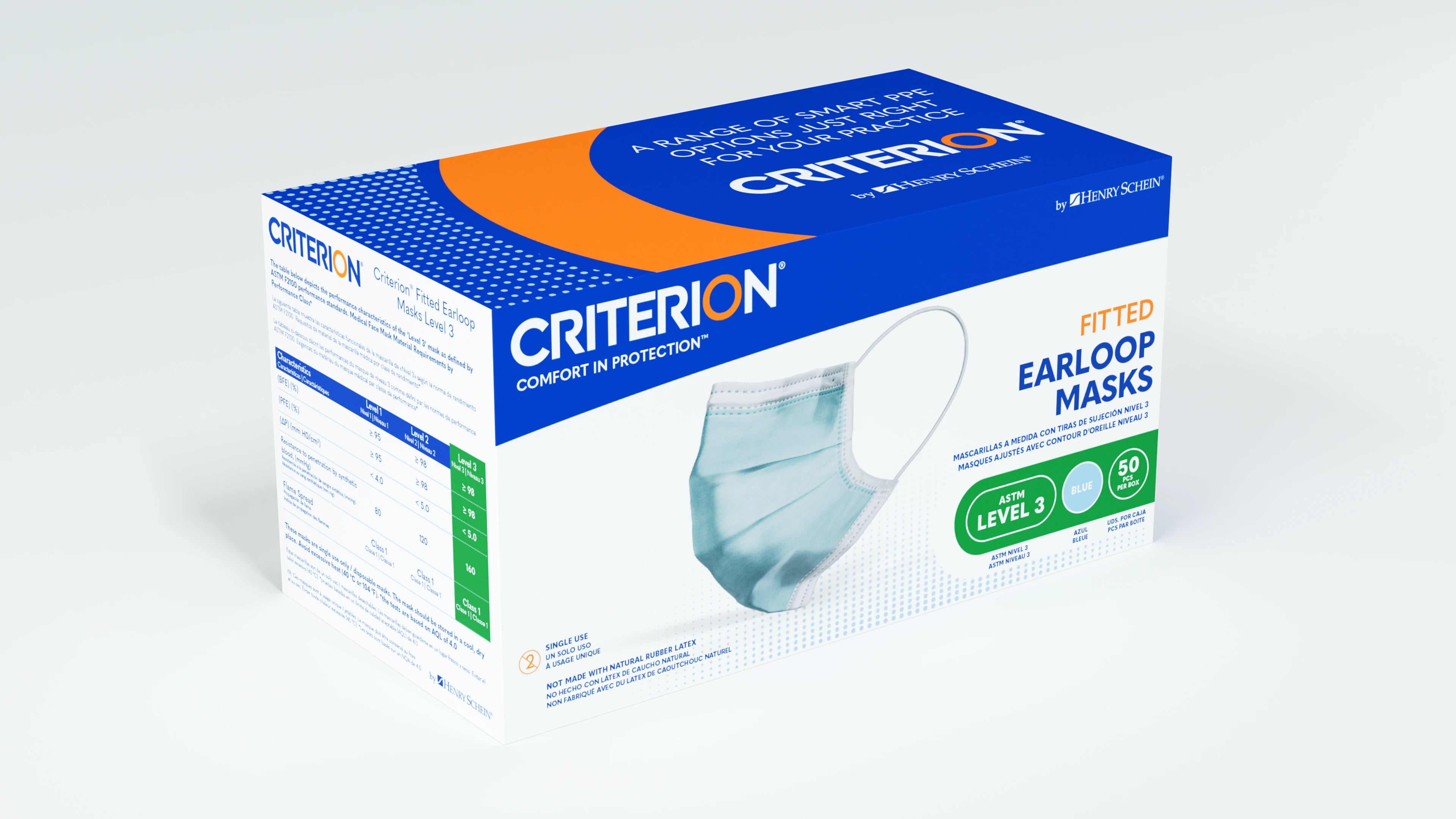 Criterion Fit Earloop Mask Level 3, Blue, Adult, Disposable, Latex-Free, 50/Box