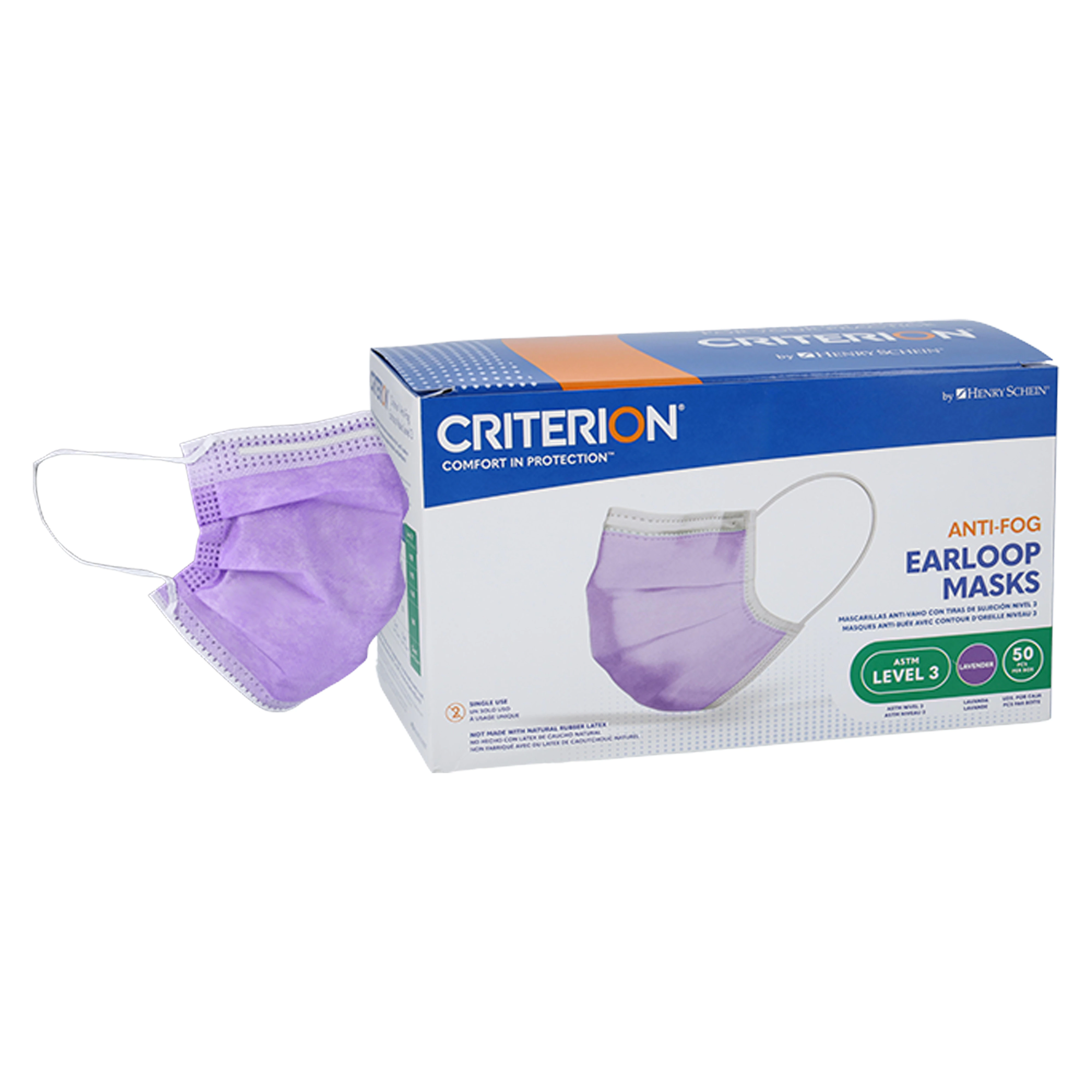 Criterion Anti-Fog Earloop Masks, ASTM Level 3, Lavender, 50/Box