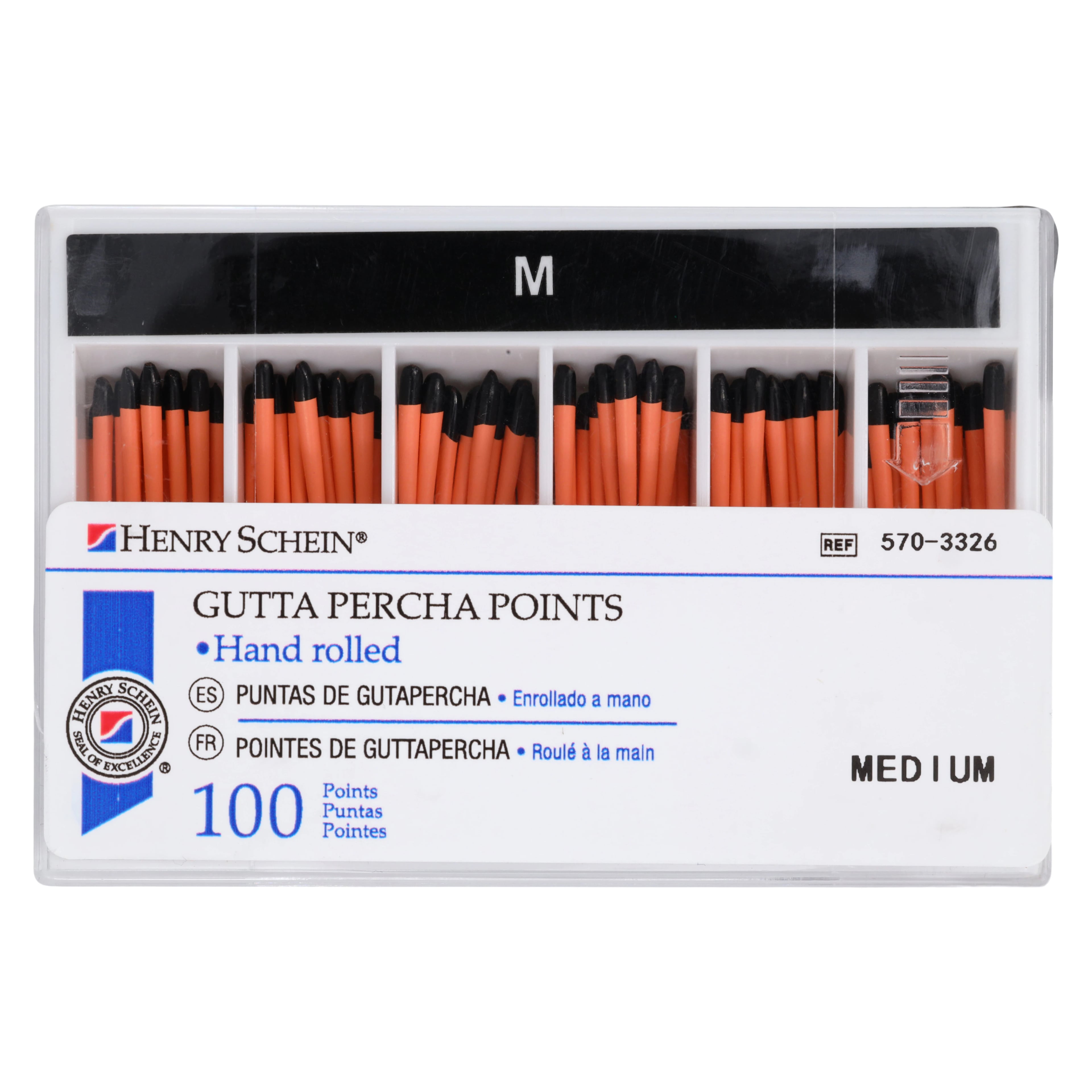 Henry Schein Gutta Percha Points, Hand Rolled, Medium, 28mm, ISO, Black, Cadmium Free, Radiopaque, 100/Box
