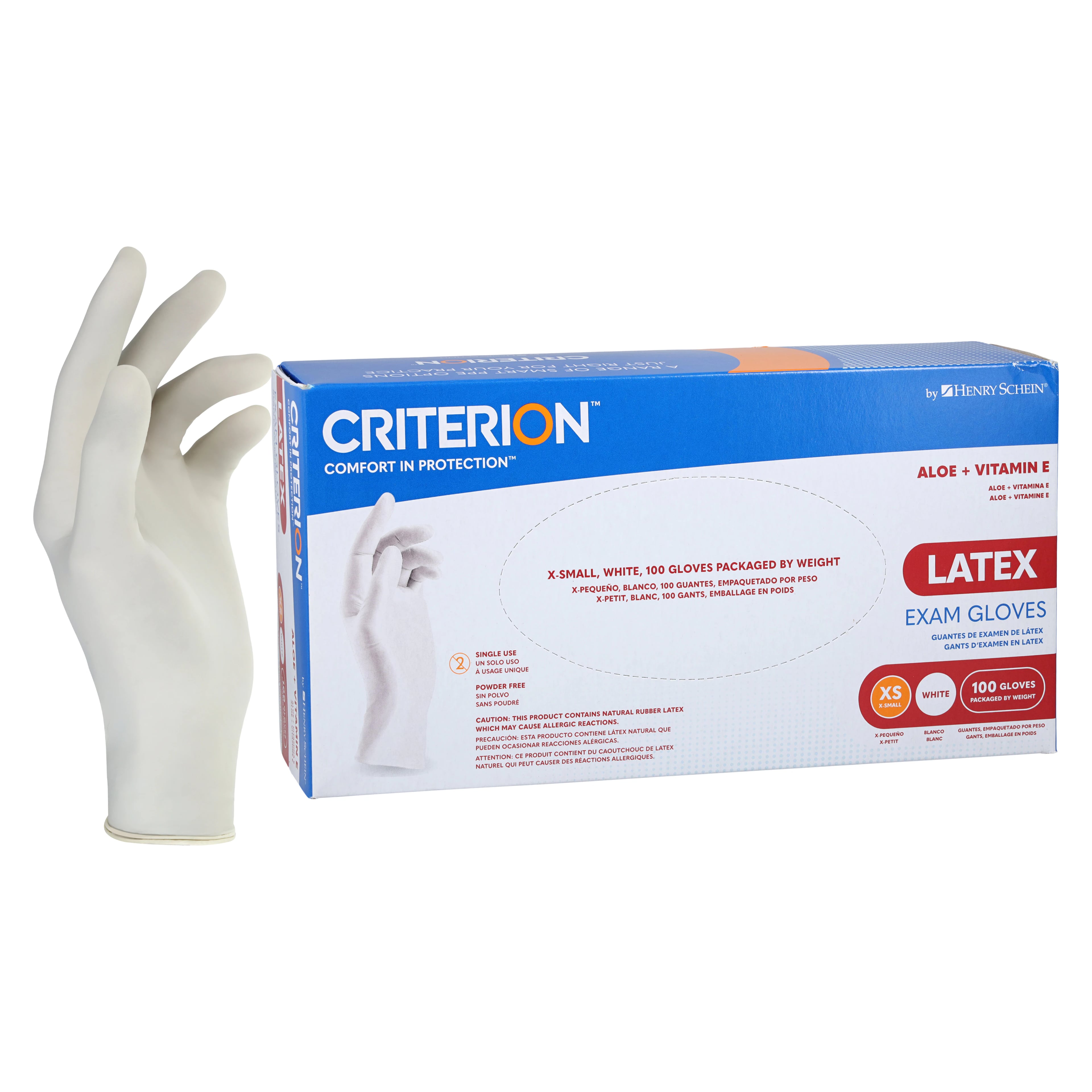 Criterion Glove Aloe+Vitamin E Latex Exam Gloves, X-Small, White, Non-Sterile, 100/Box
