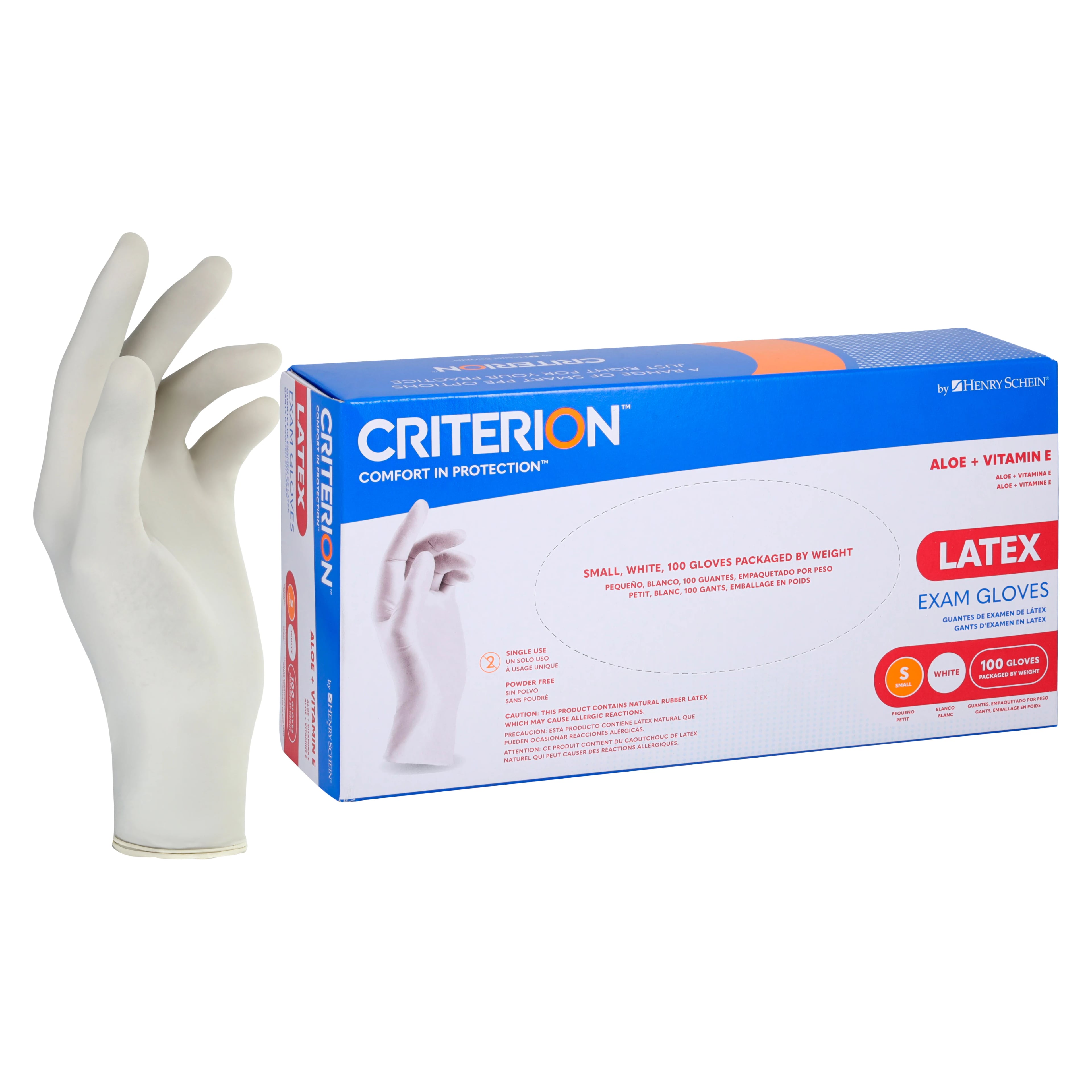 Criterion Glove Aloe+Vitamin E Latex Exam Gloves, Small, White, Non-Sterile, 100/Box