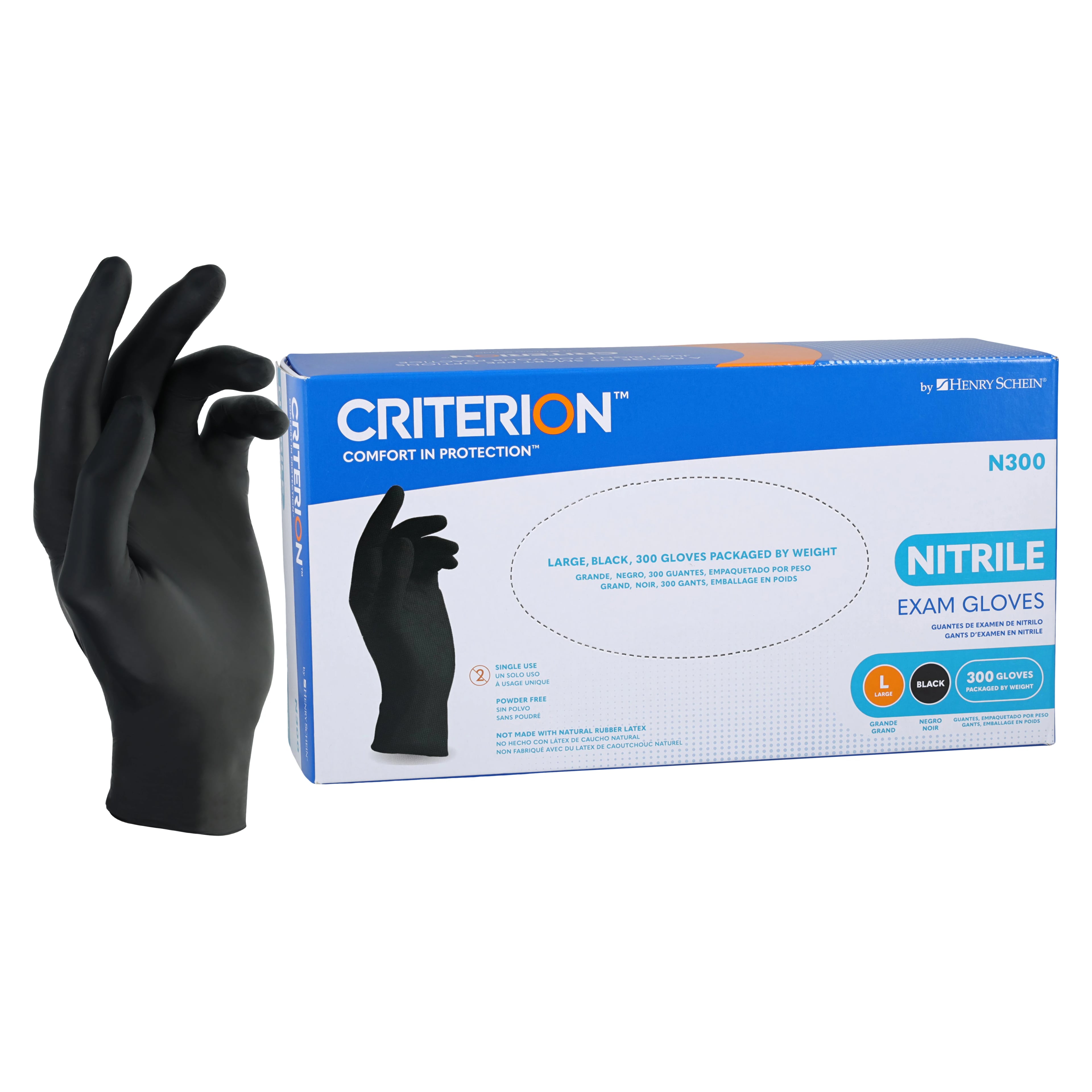 Criterion N300 Nitrile Exam Gloves, Powder Free, Non-Sterile, Large, Black, 300/Box
