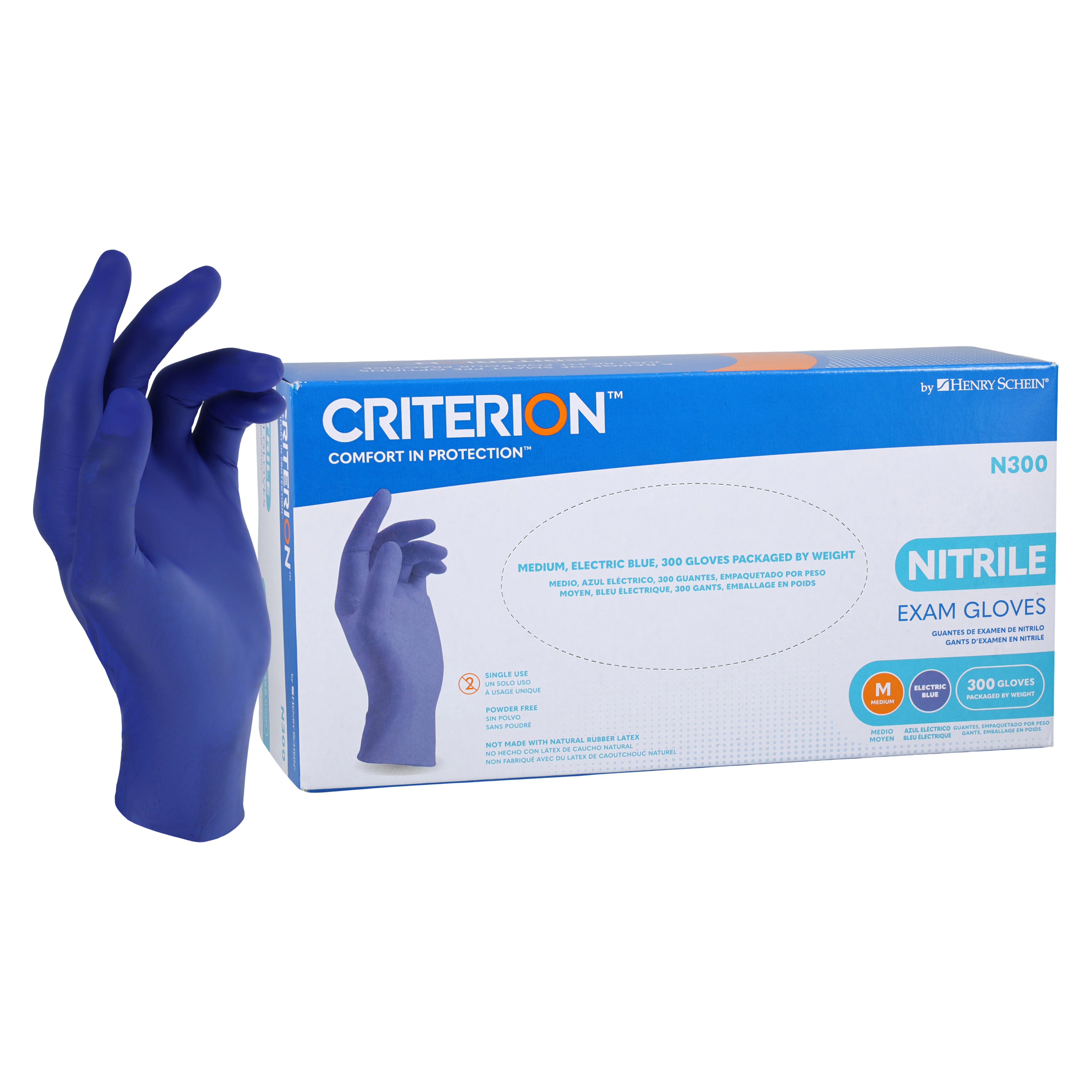 Criterion N300 Nitrile Exam Gloves, Medium, Electric Blue, Non-Sterile, 300/Box
